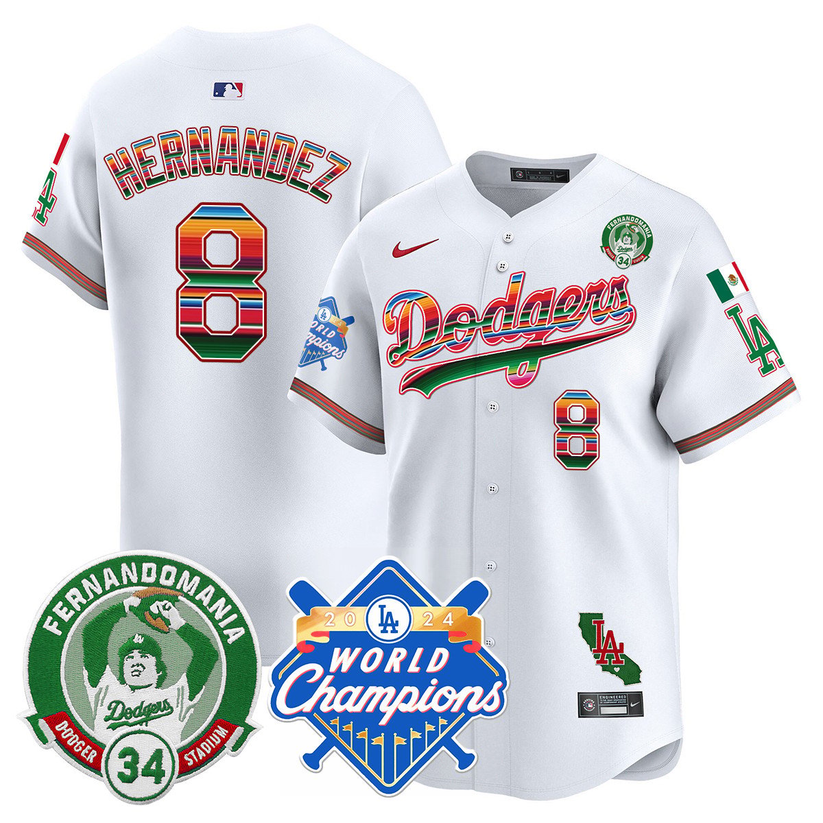 Dodgers Mexico Fernando Memorial & 2024 World Series Champions Patch Jersey - Stitched