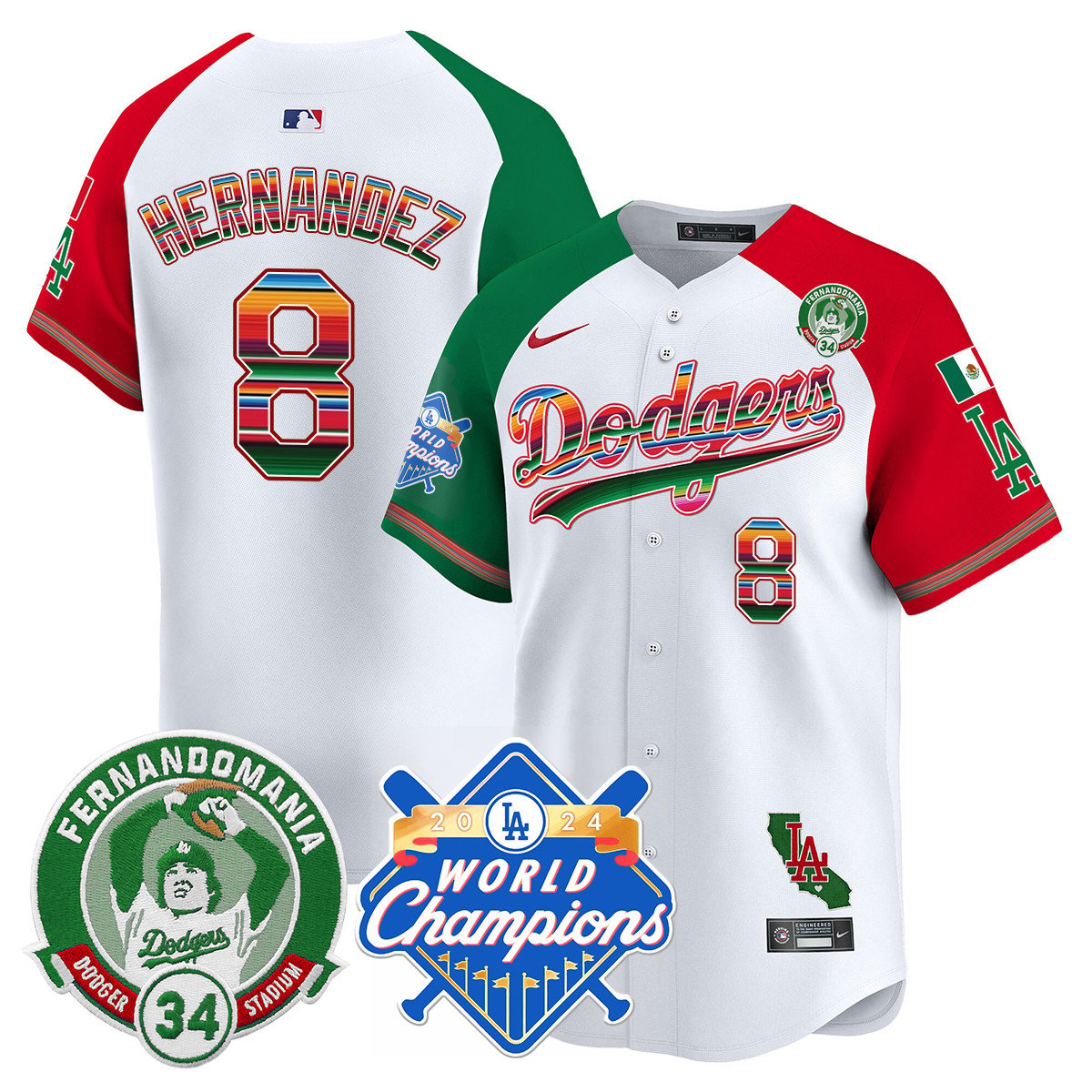 Dodgers Mexico Fernando Memorial & 2024 World Series Champions Patch Jersey - Stitched