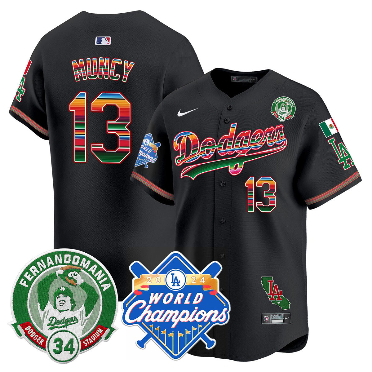 Dodgers Mexico Fernando Memorial & 2024 World Series Champions Patch Jersey - Stitched