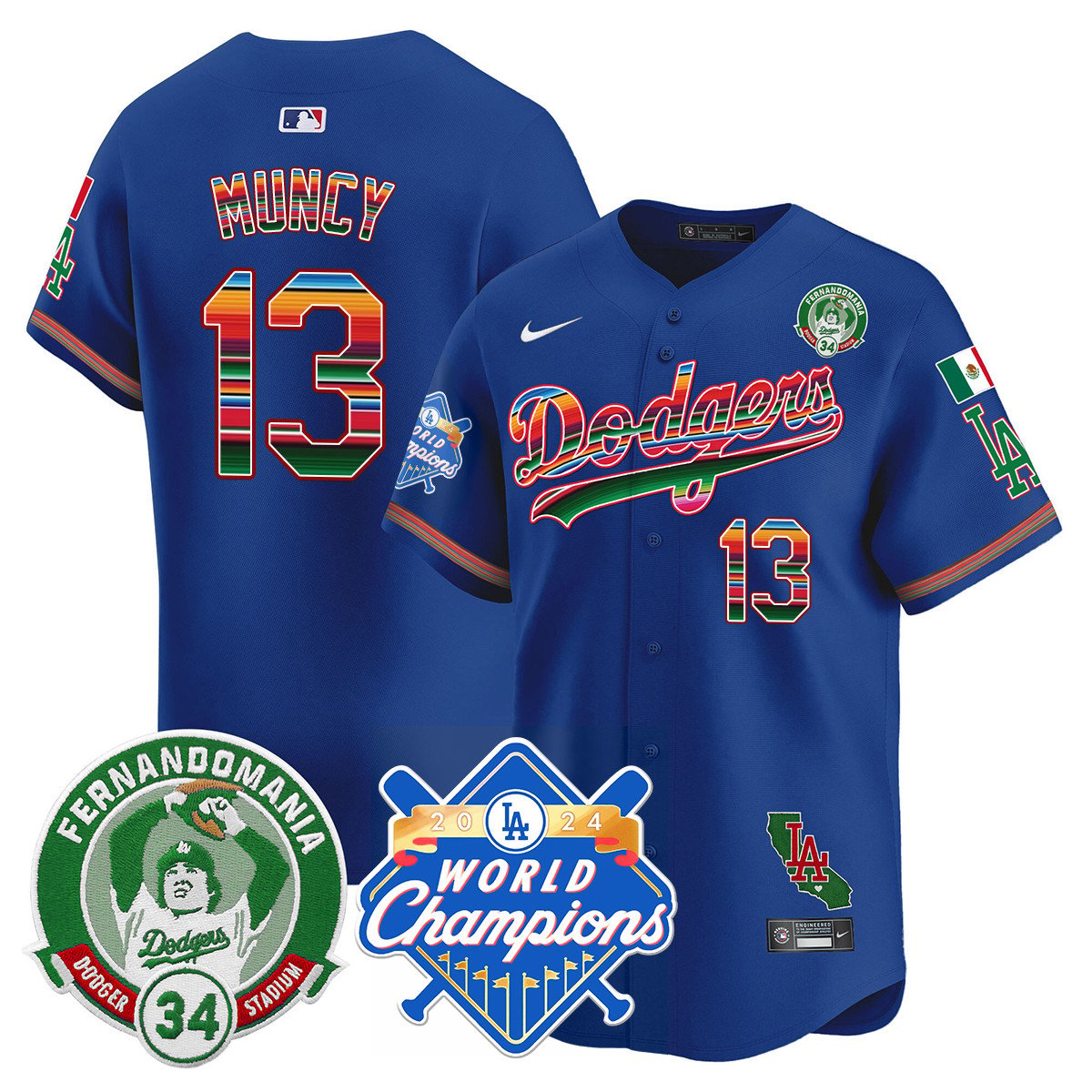 Dodgers Mexico Fernando Memorial & 2024 World Series Champions Patch Jersey - Stitched