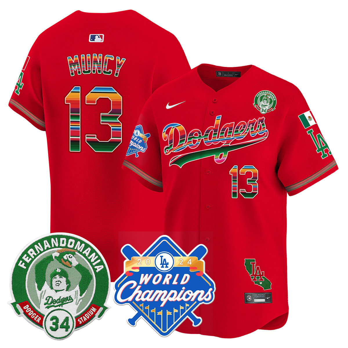 Dodgers Mexico Fernando Memorial & 2024 World Series Champions Patch Jersey - Stitched