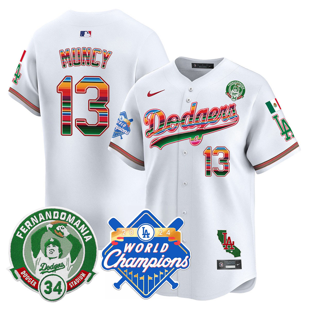 Dodgers Mexico Fernando Memorial & 2024 World Series Champions Patch Jersey - Stitched