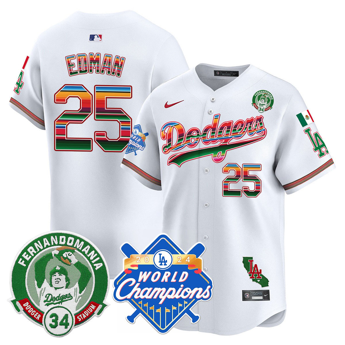 Dodgers Mexico Fernando Memorial & 2024 World Series Champions Patch Jersey - Stitched