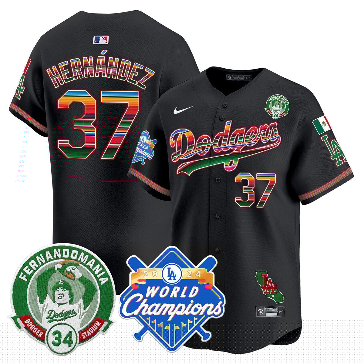 Dodgers Mexico Fernando Memorial & 2024 World Series Champions Patch Jersey - Stitched