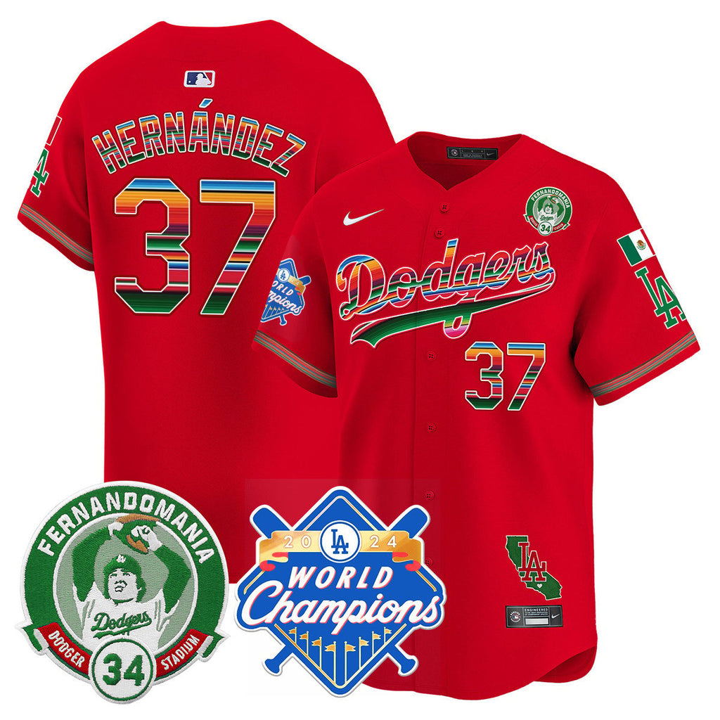 Dodgers Mexico Fernando Memorial & 2024 World Series Champions Patch Jersey - Stitched
