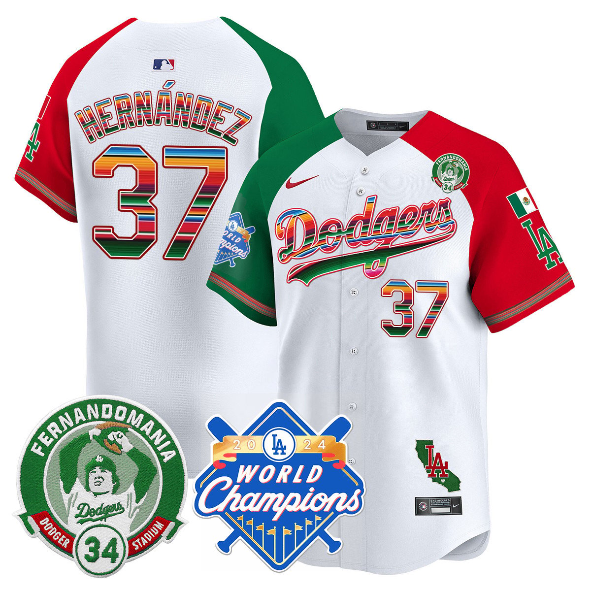 Dodgers Mexico Fernando Memorial & 2024 World Series Champions Patch Jersey - Stitched