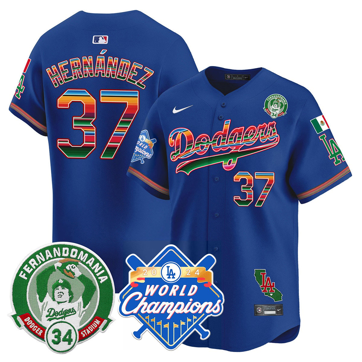 Dodgers Mexico Fernando Memorial & 2024 World Series Champions Patch Jersey - Stitched