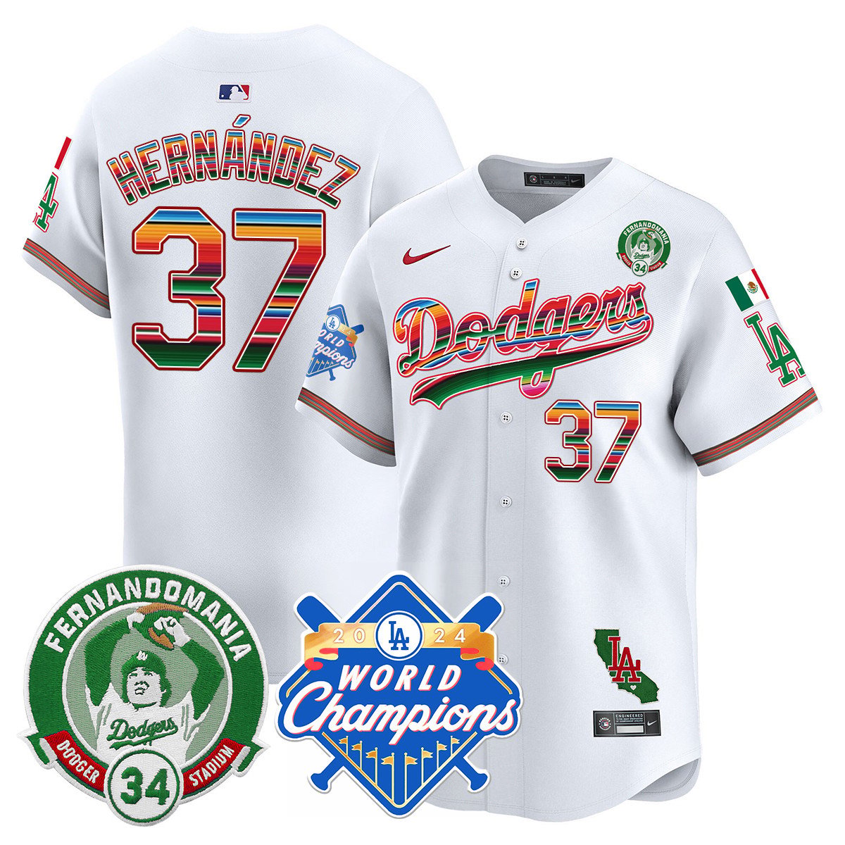 Dodgers Mexico Fernando Memorial & 2024 World Series Champions Patch Jersey - Stitched