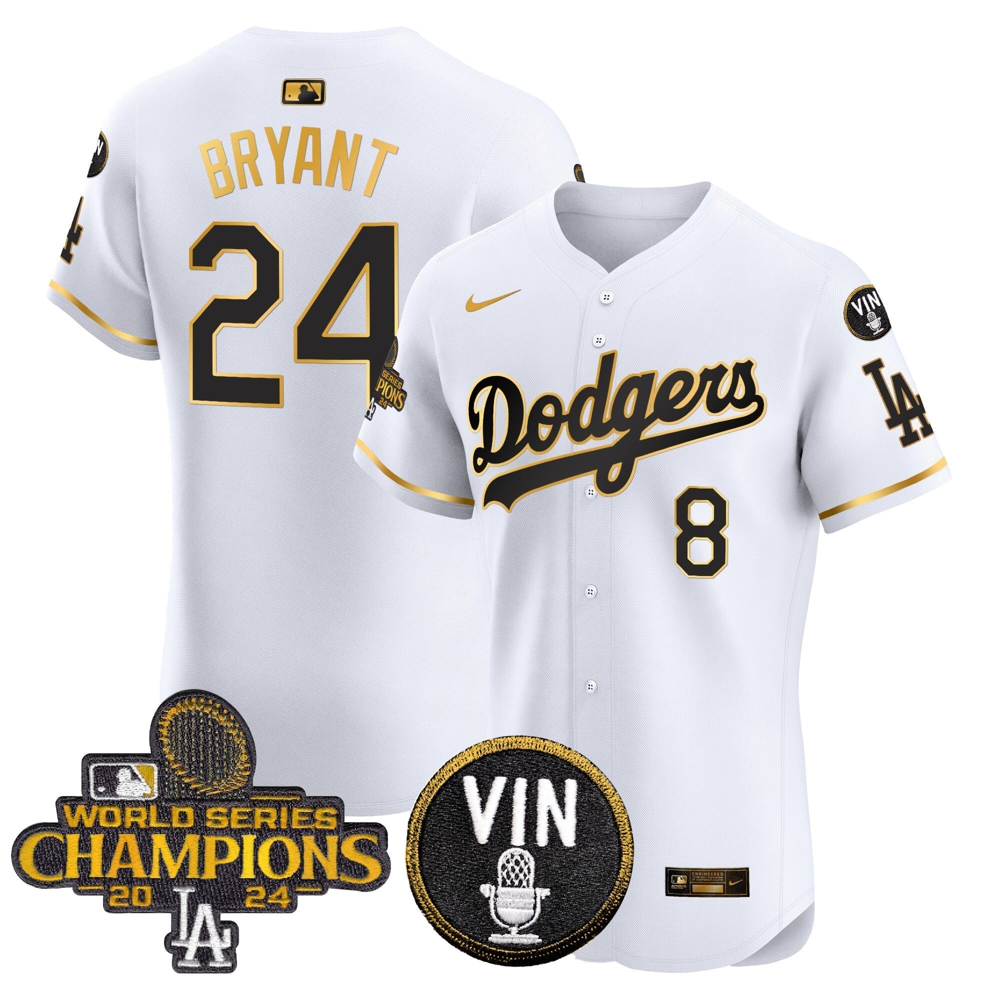 Dodgers 2024 World Series Champions Gold Trim Vapor Premier Elite Jersey - Stitched