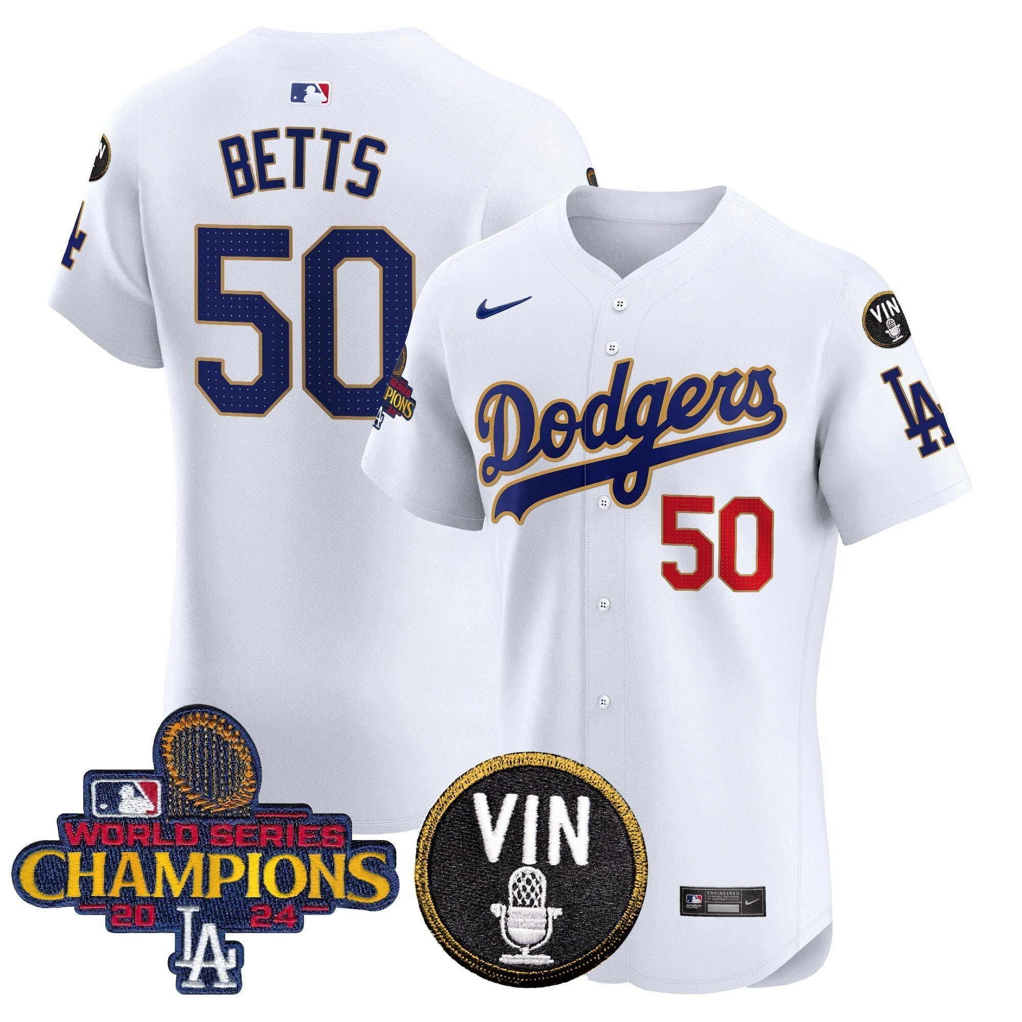 Dodgers 2024 World Series Champions Gold Trim Vapor Premier Elite Jersey - Stitched