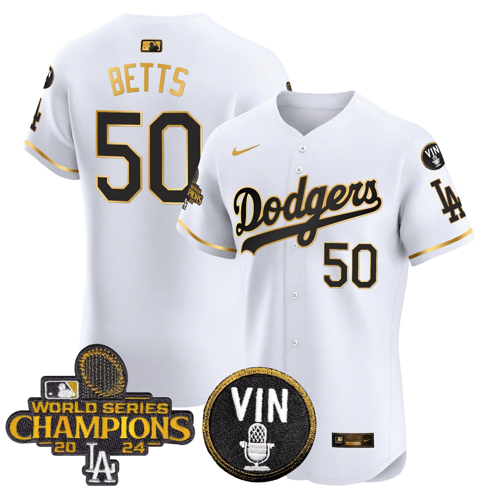 Dodgers 2024 World Series Champions Gold Trim Vapor Premier Elite Jersey - Stitched