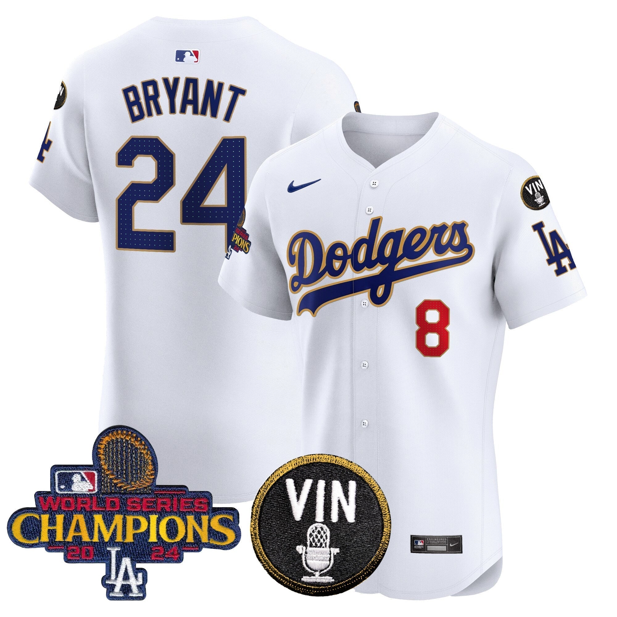 Dodgers 2024 World Series Champions Gold Trim Vapor Premier Elite Jersey - Stitched