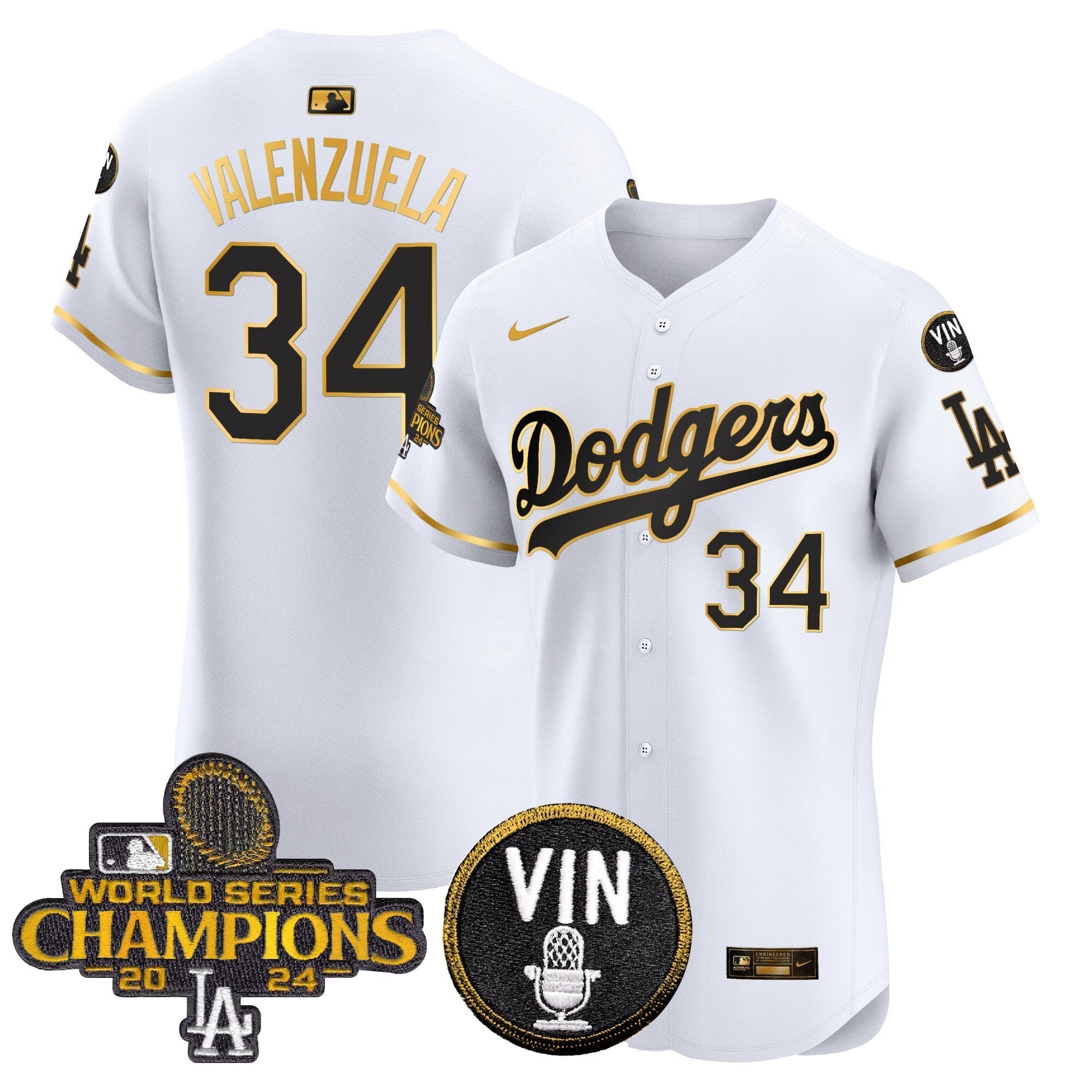 Dodgers 2024 World Series Champions Gold Trim Vapor Premier Elite Jersey - Stitched