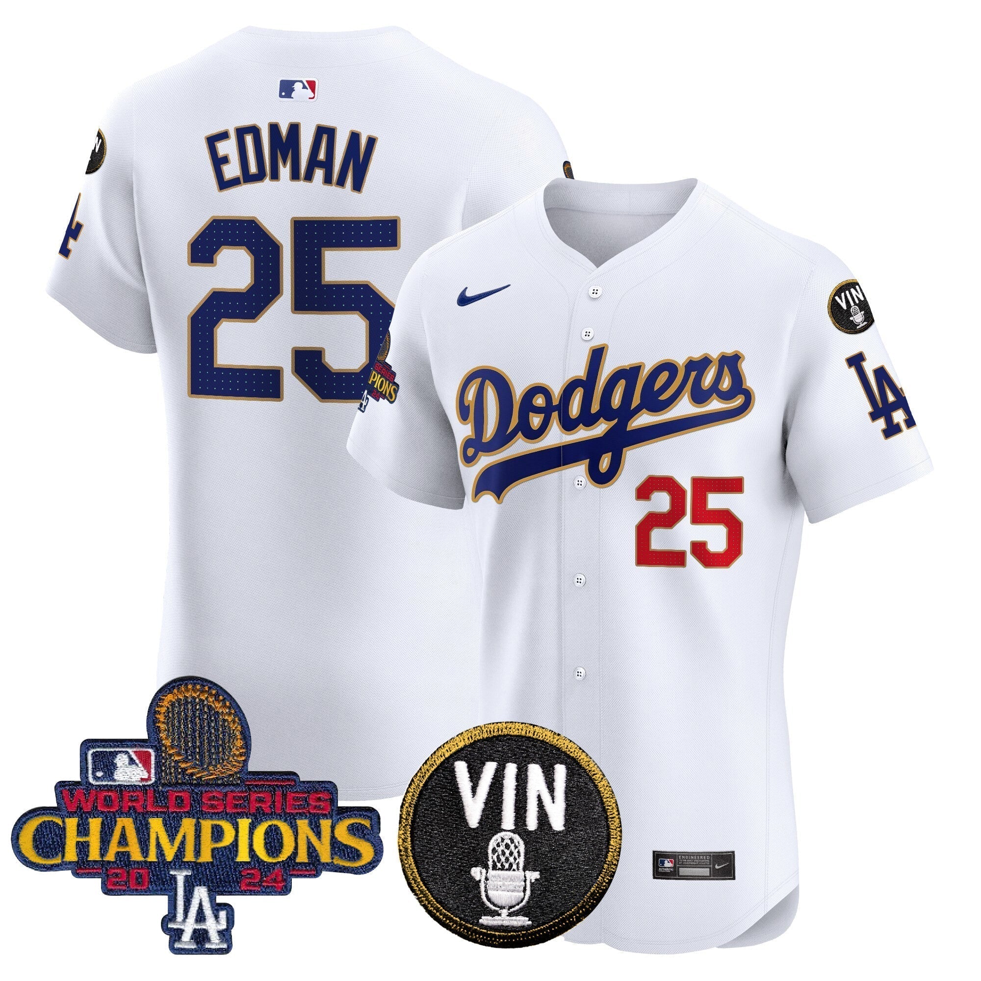 Dodgers 2024 World Series Champions Gold Trim Vapor Premier Elite Jersey - Stitched