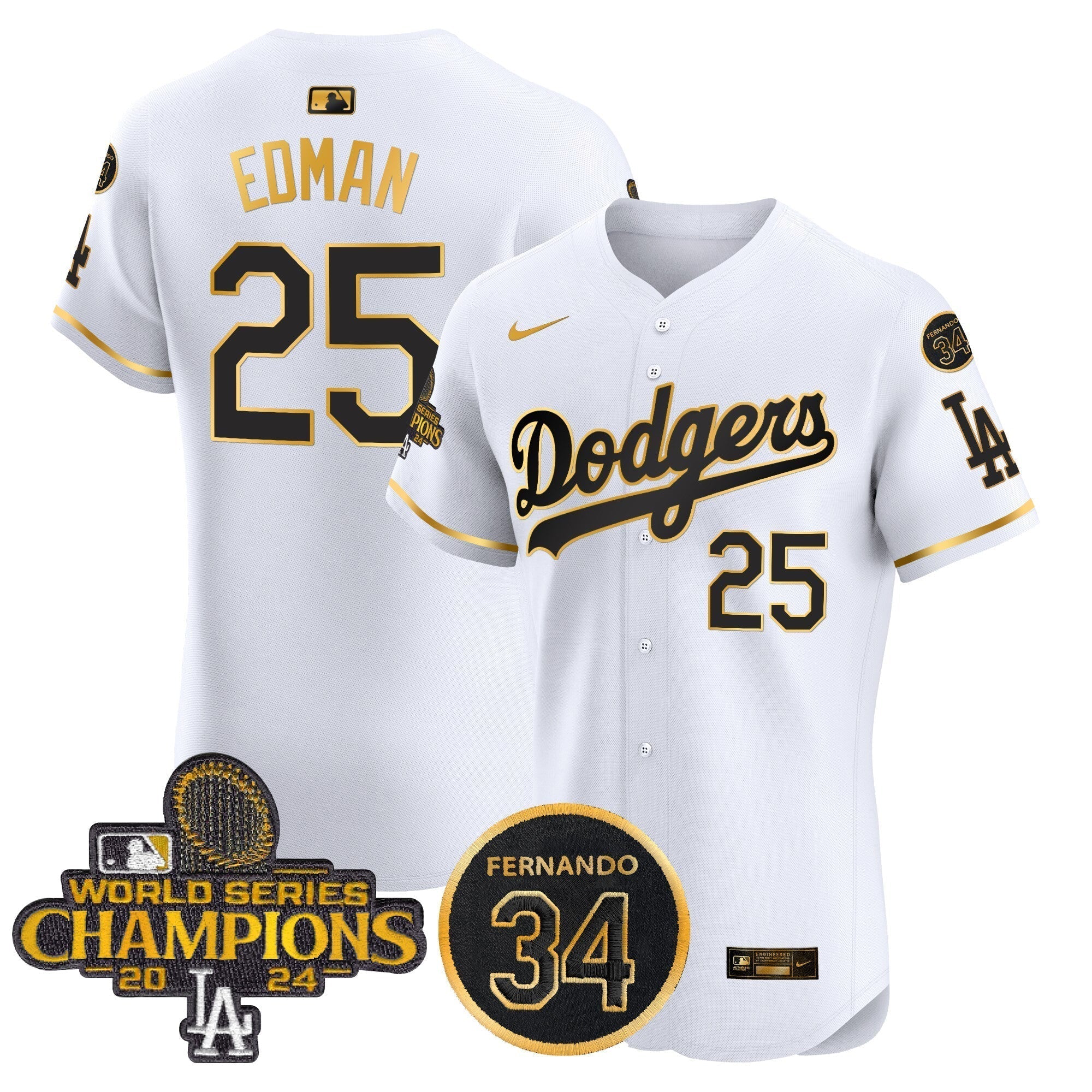 Dodgers 2024 World Series Champions Gold Trim Vapor Premier Elite Jersey V2 - Stitched