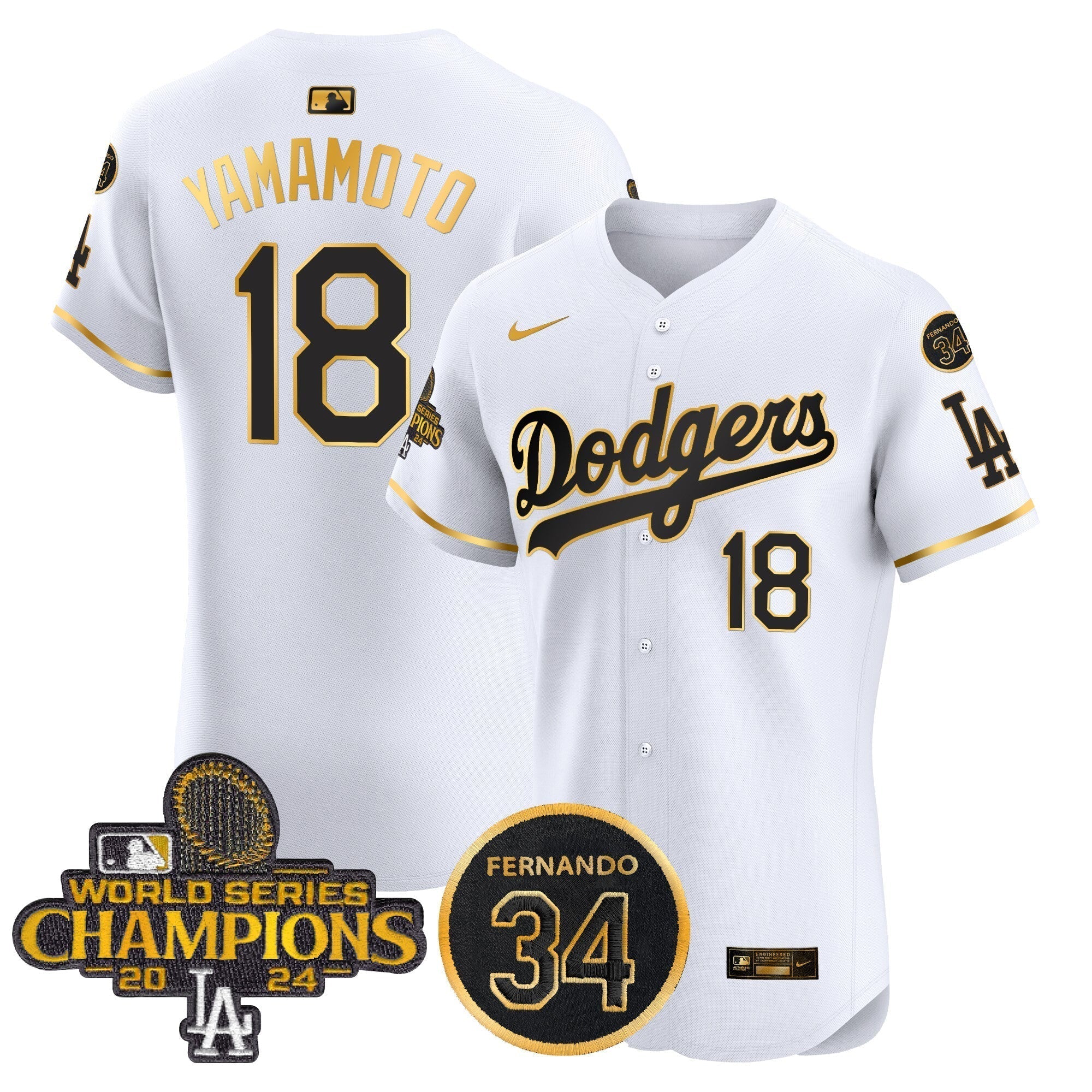 Dodgers 2024 World Series Champions Gold Trim Vapor Premier Elite Jersey V2 - Stitched