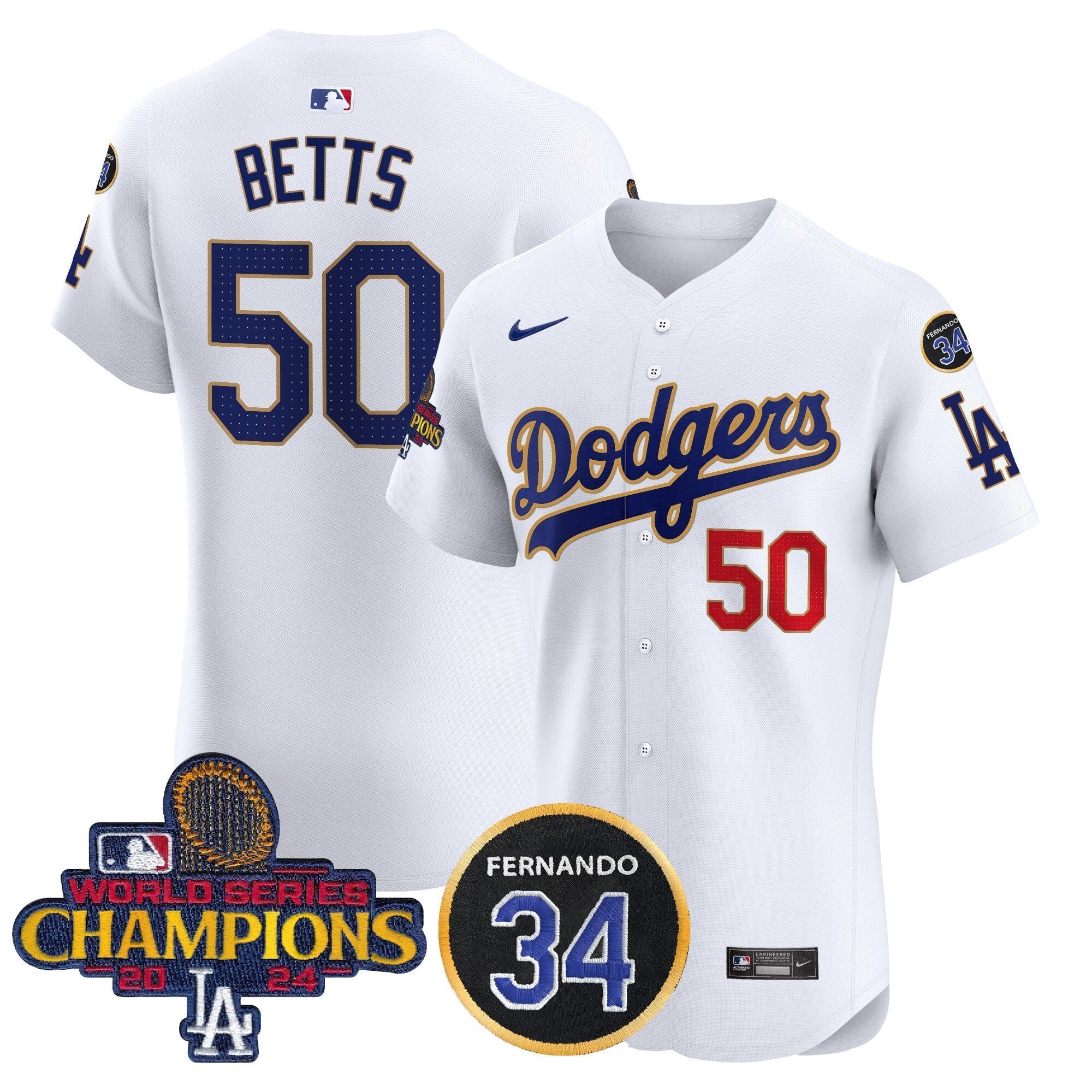 Dodgers 2024 World Series Champions Gold Trim Vapor Premier Elite Jersey V2 - Stitched
