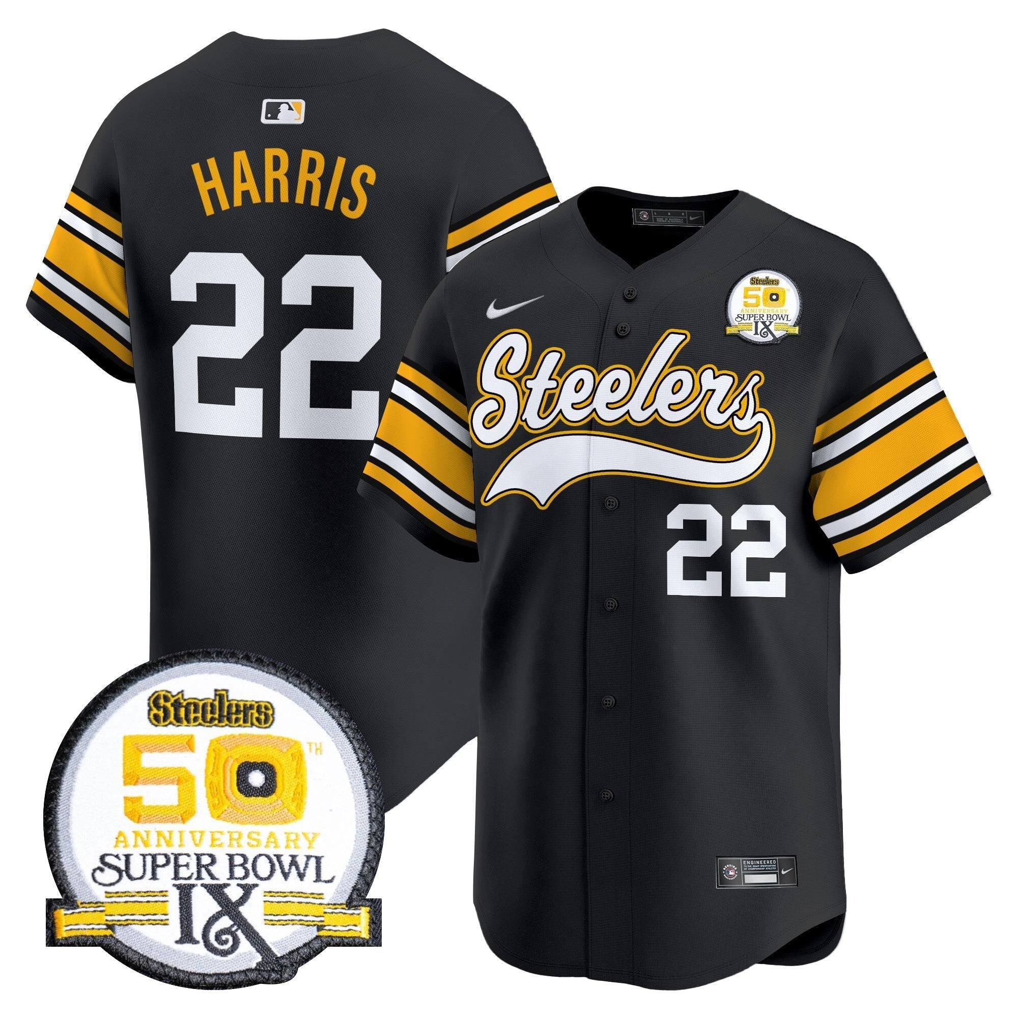 Steelers 50th Anniversary Of Super Bowl IX Patch Vapor Premier Baseball Jersey - Stitched