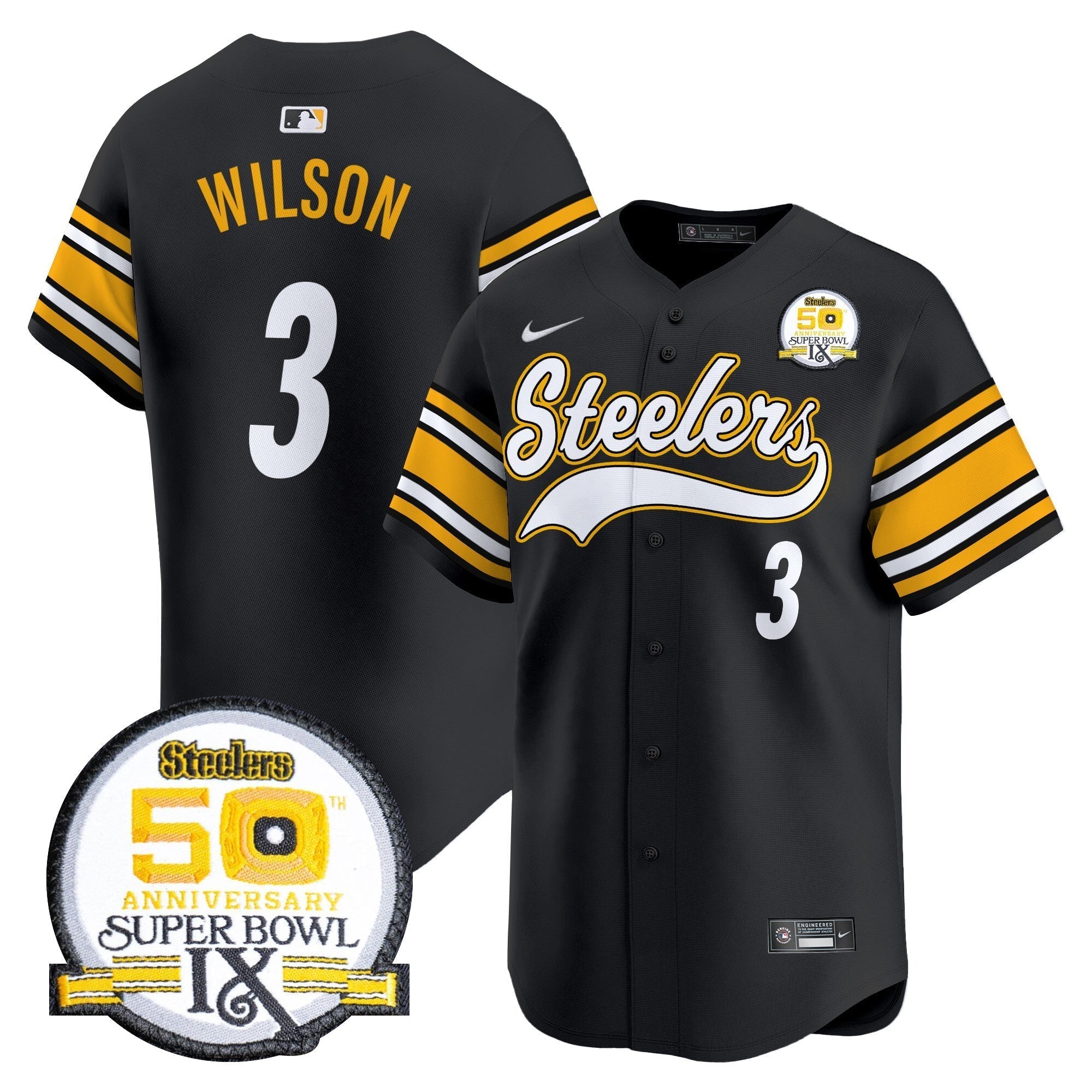 Steelers 50th Anniversary Of Super Bowl IX Patch Vapor Premier Baseball Jersey - Stitched