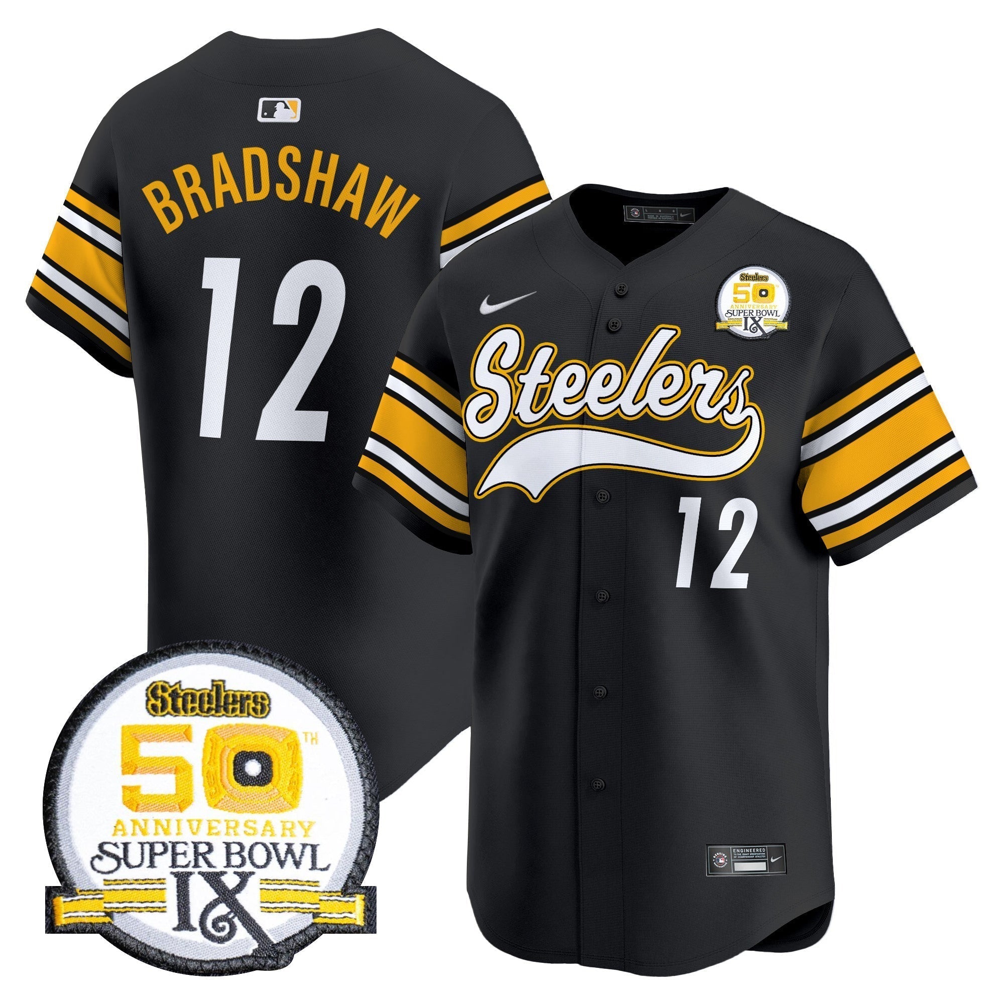 Steelers 50th Anniversary Of Super Bowl IX Patch Vapor Premier Baseball Jersey - Stitched