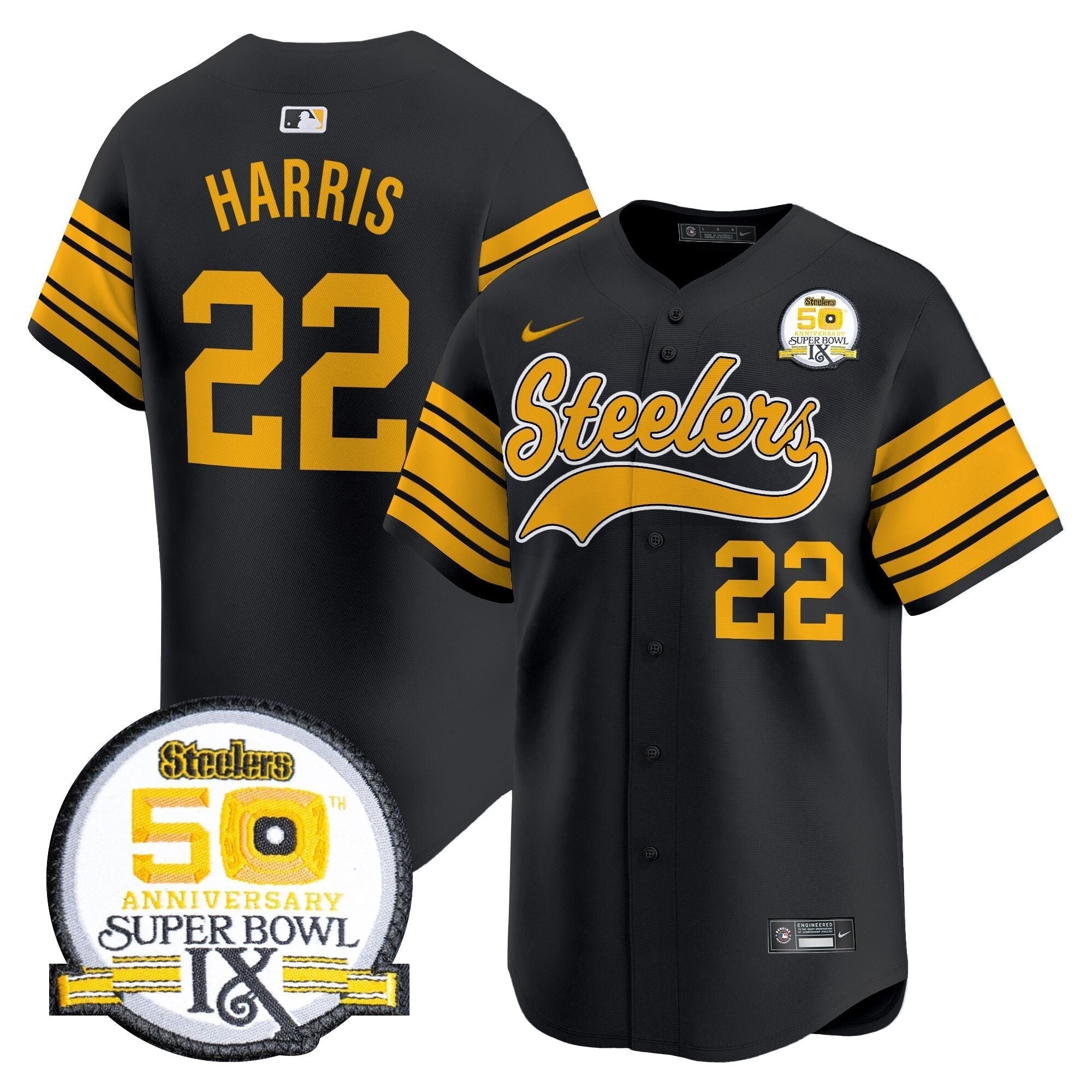 Steelers 50th Anniversary Of Super Bowl IX Patch Vapor Premier Baseball Jersey - Stitched