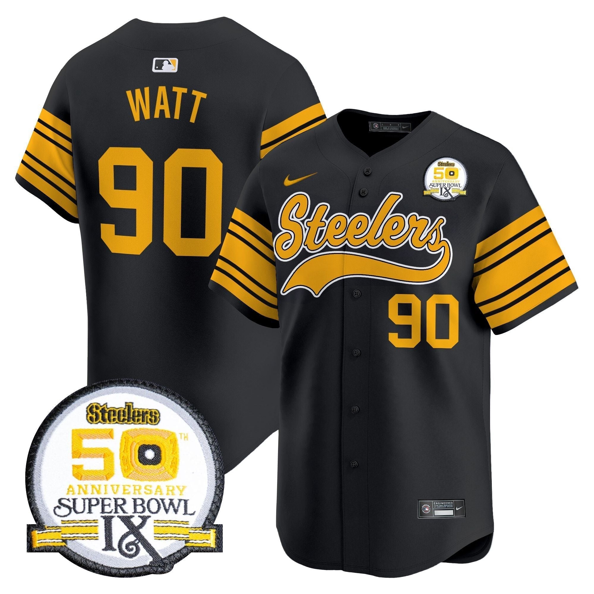 Steelers 50th Anniversary Of Super Bowl IX Patch Vapor Premier Baseball Jersey - Stitched