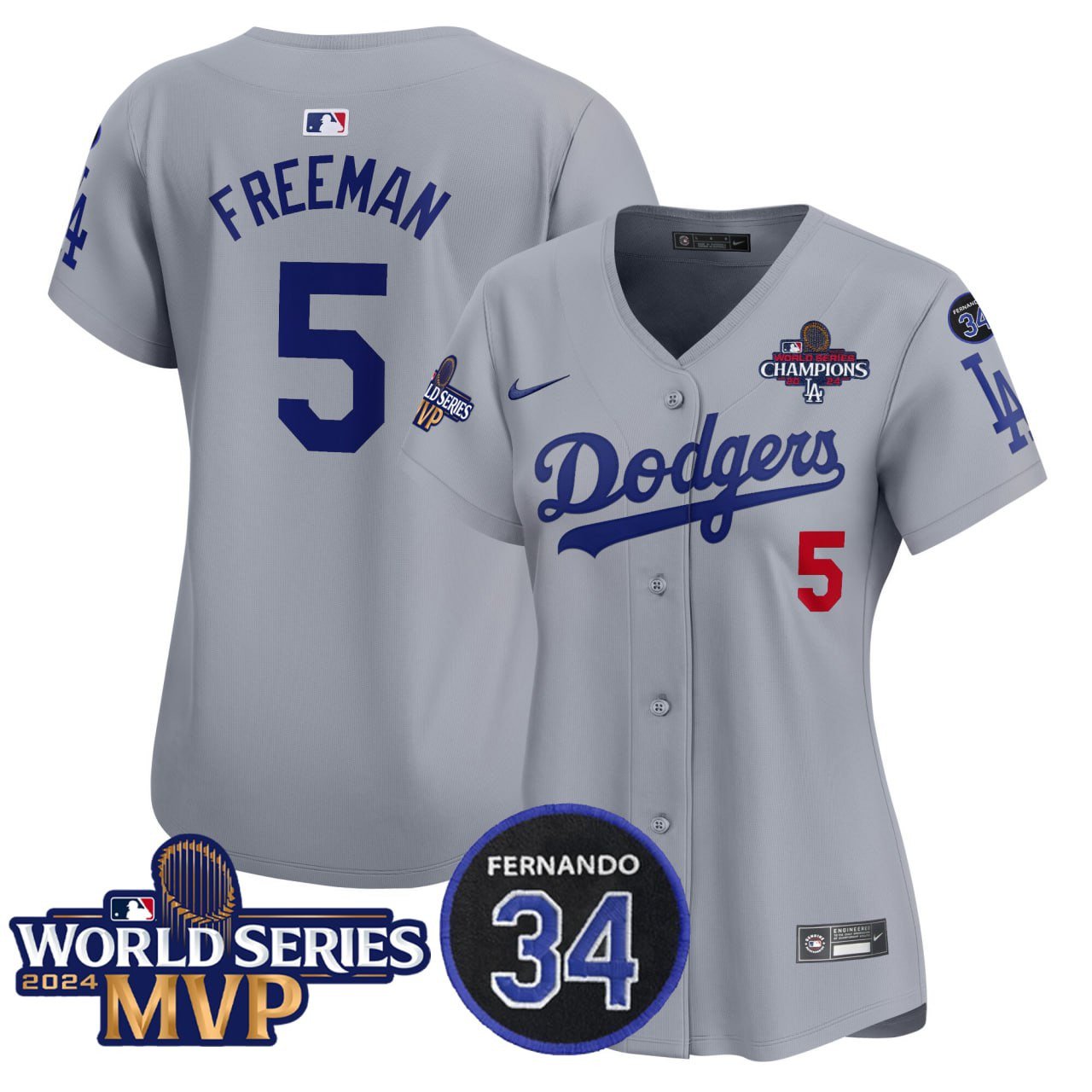 Freddie Freeman LAD 2024 World Series Champions MVP Gray Women Jersey - Stitched