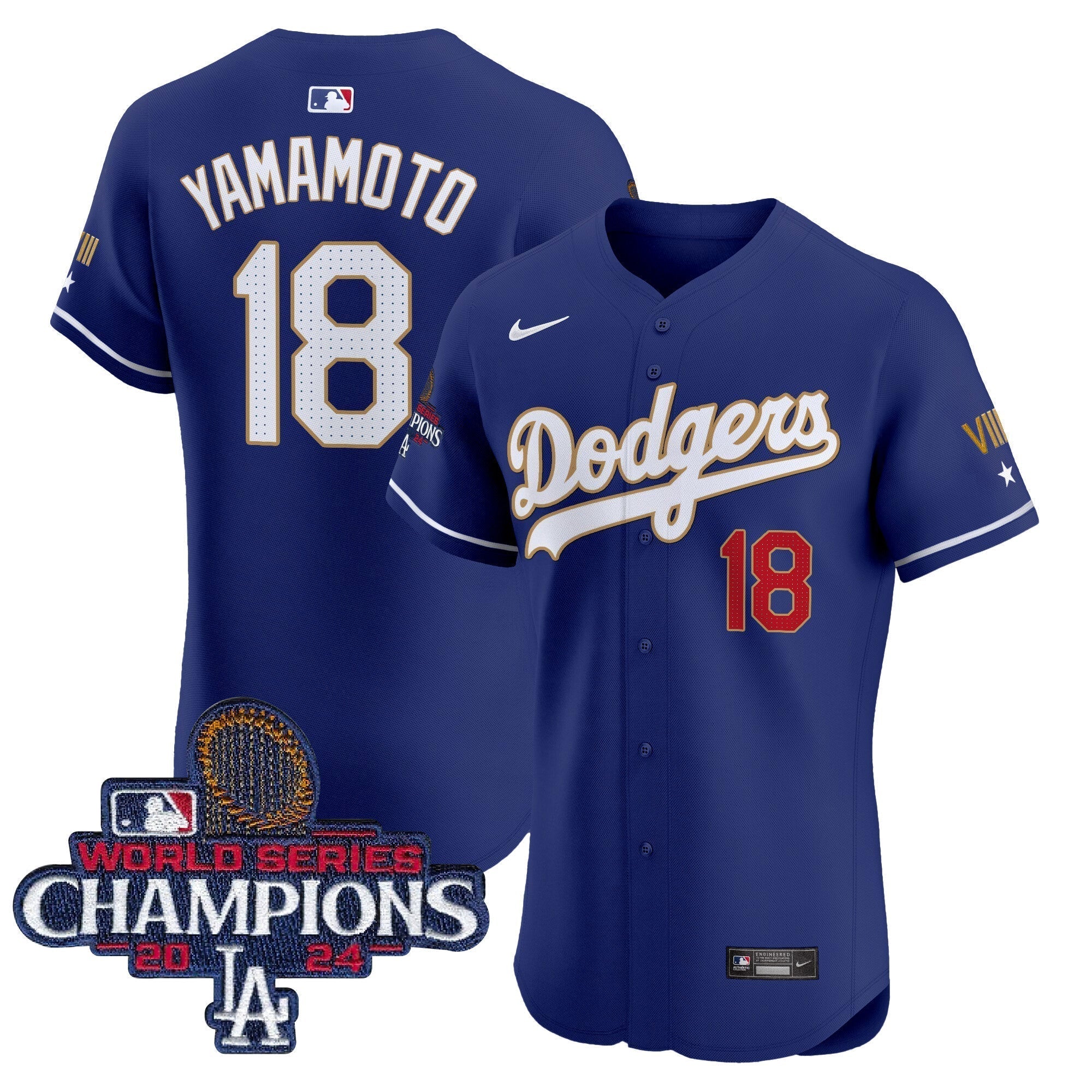 Dodgers 2024 World Series Champions Gold Trim Vapor Premier Elite Jersey V3 - Stitched