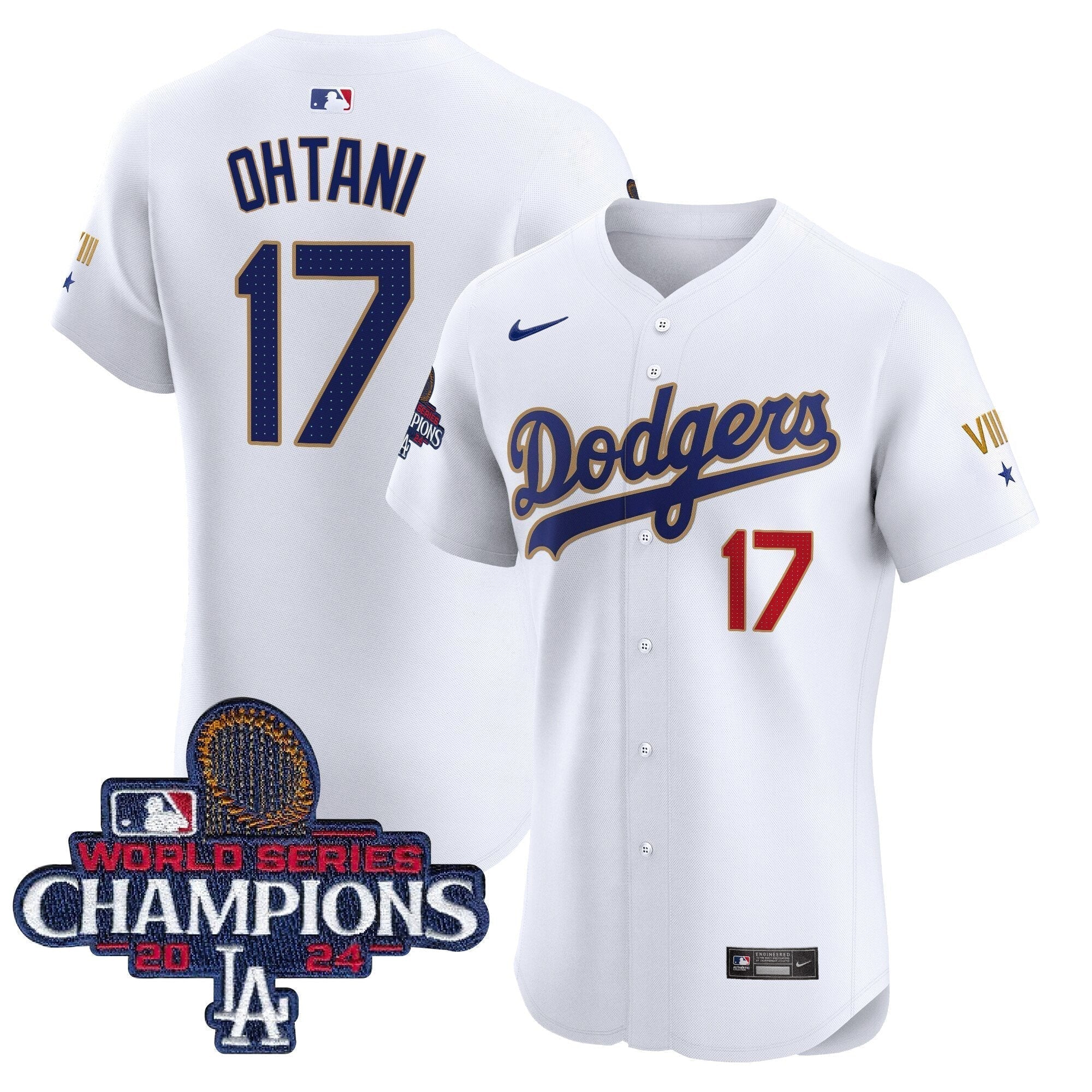 Dodgers 2024 World Series Champions Gold Trim Vapor Premier Elite Jersey V3 - Stitched