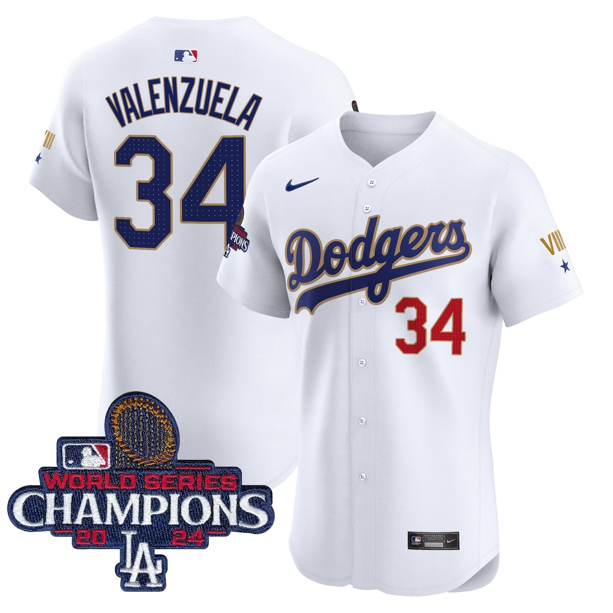 Dodgers 2024 World Series Champions Gold Trim Vapor Premier Elite Jersey V3 - Stitched