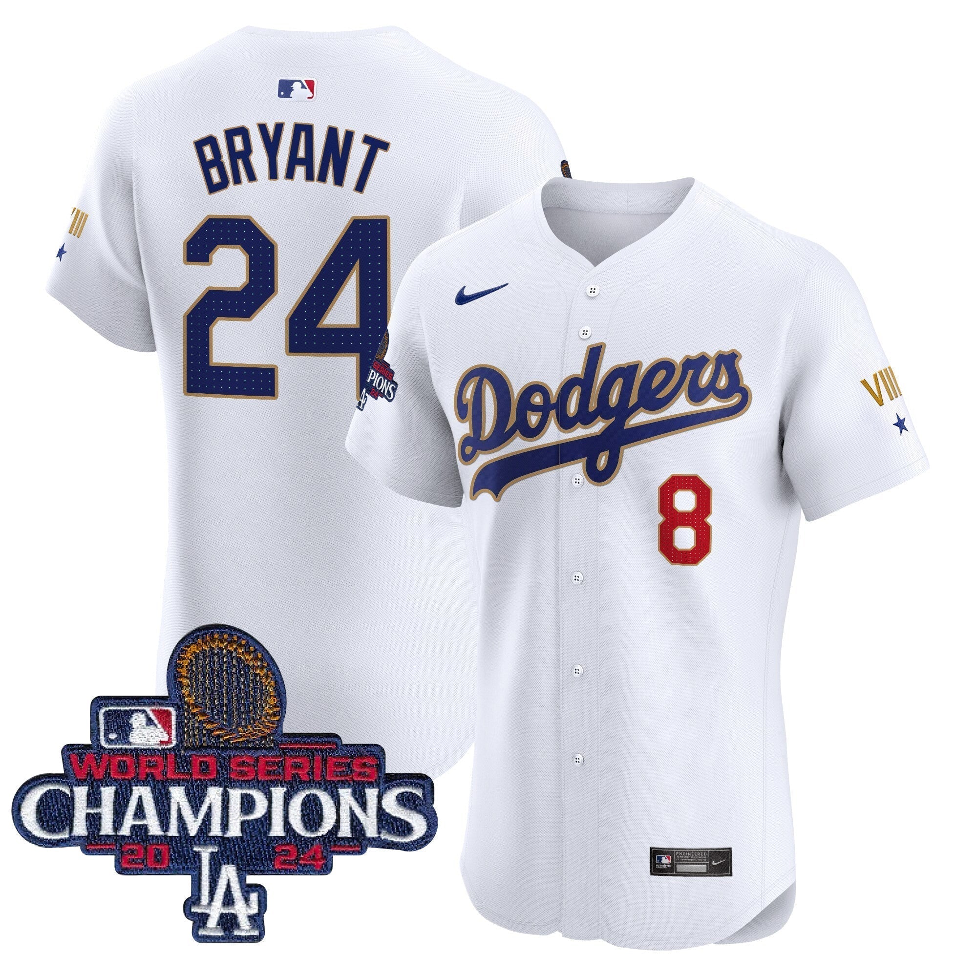 Dodgers 2024 World Series Champions Gold Trim Vapor Premier Elite Jersey V3 - Stitched