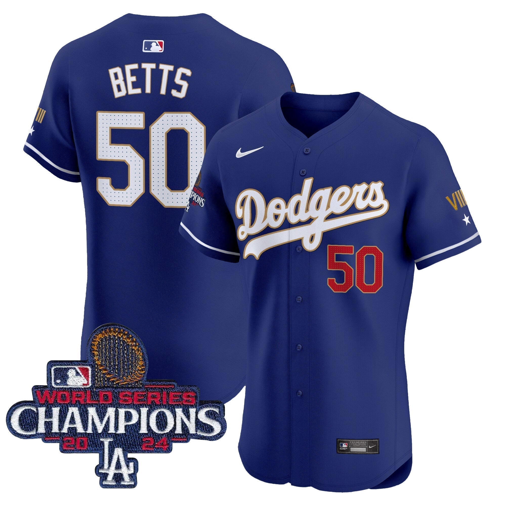 Dodgers 2024 World Series Champions Gold Trim Vapor Premier Elite Jersey V3 - Stitched