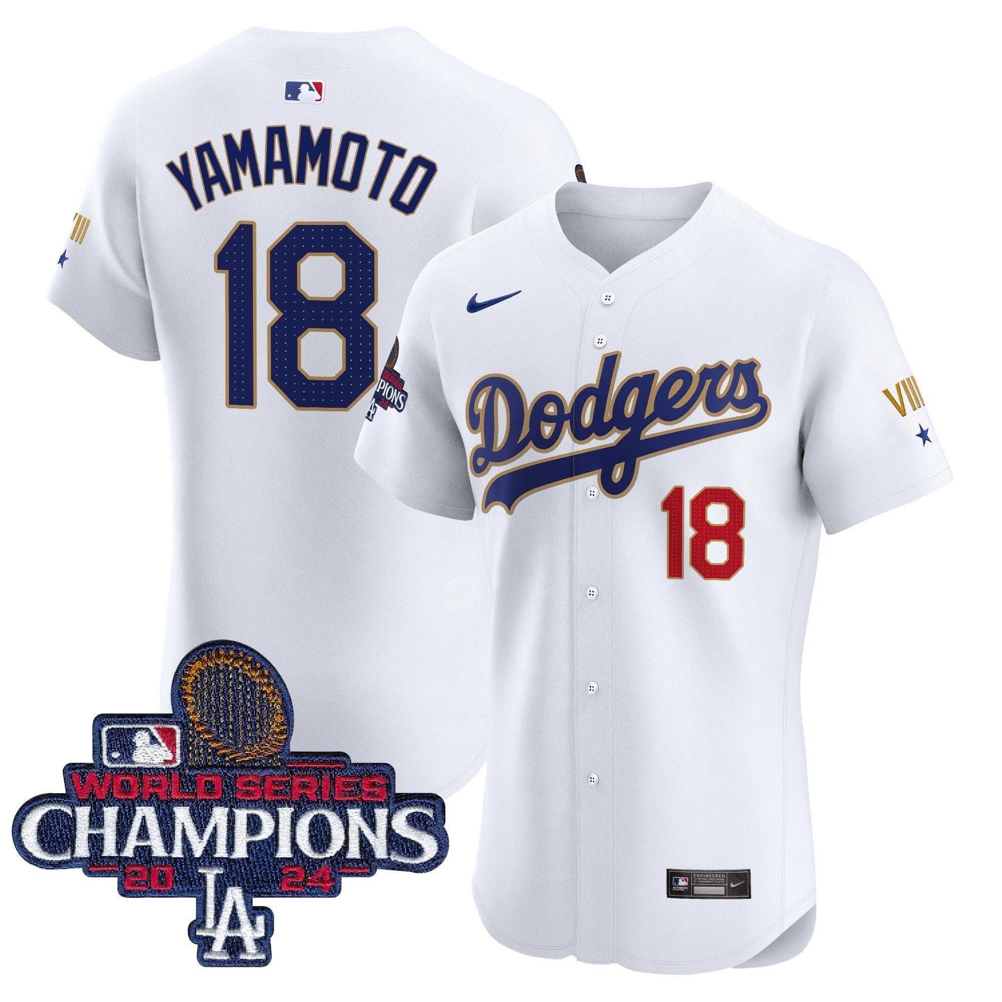 Dodgers 2024 World Series Champions Gold Trim Vapor Premier Elite Jersey V3 - Stitched