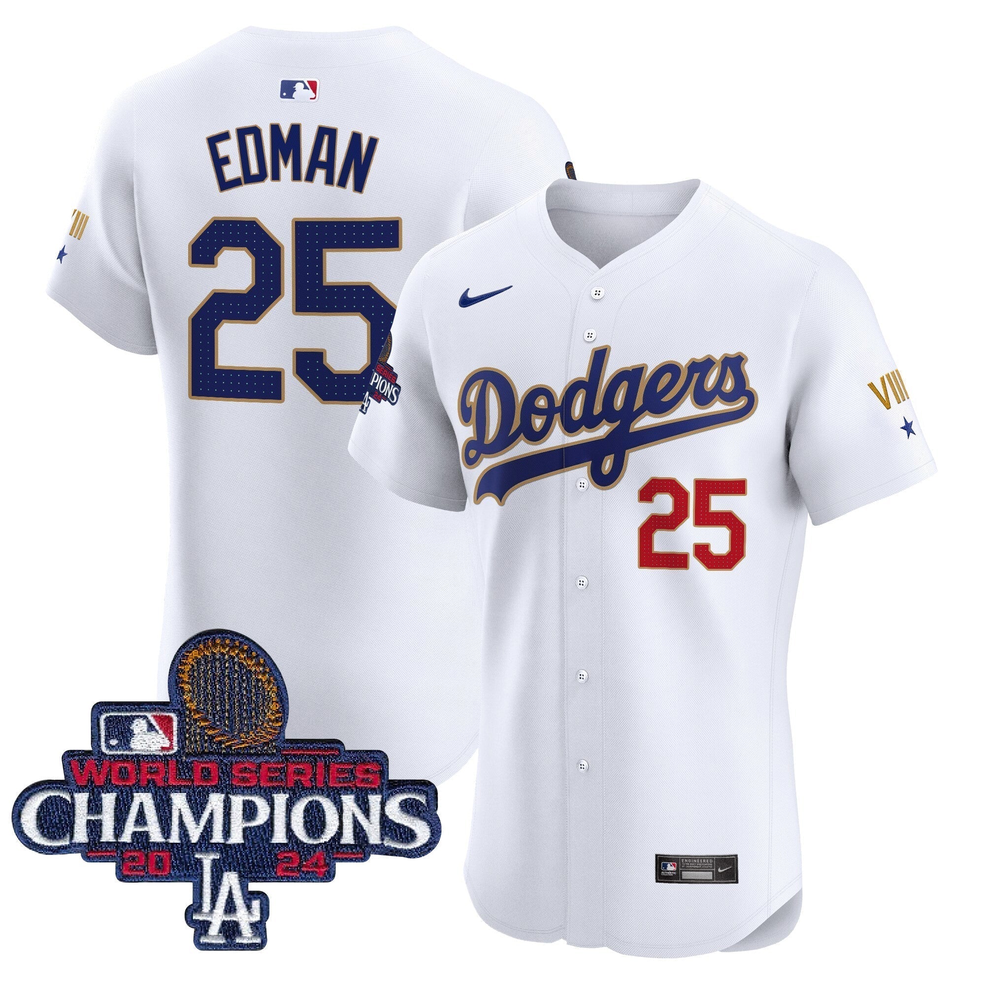 Dodgers 2024 World Series Champions Gold Trim Vapor Premier Elite Jersey V3 - Stitched