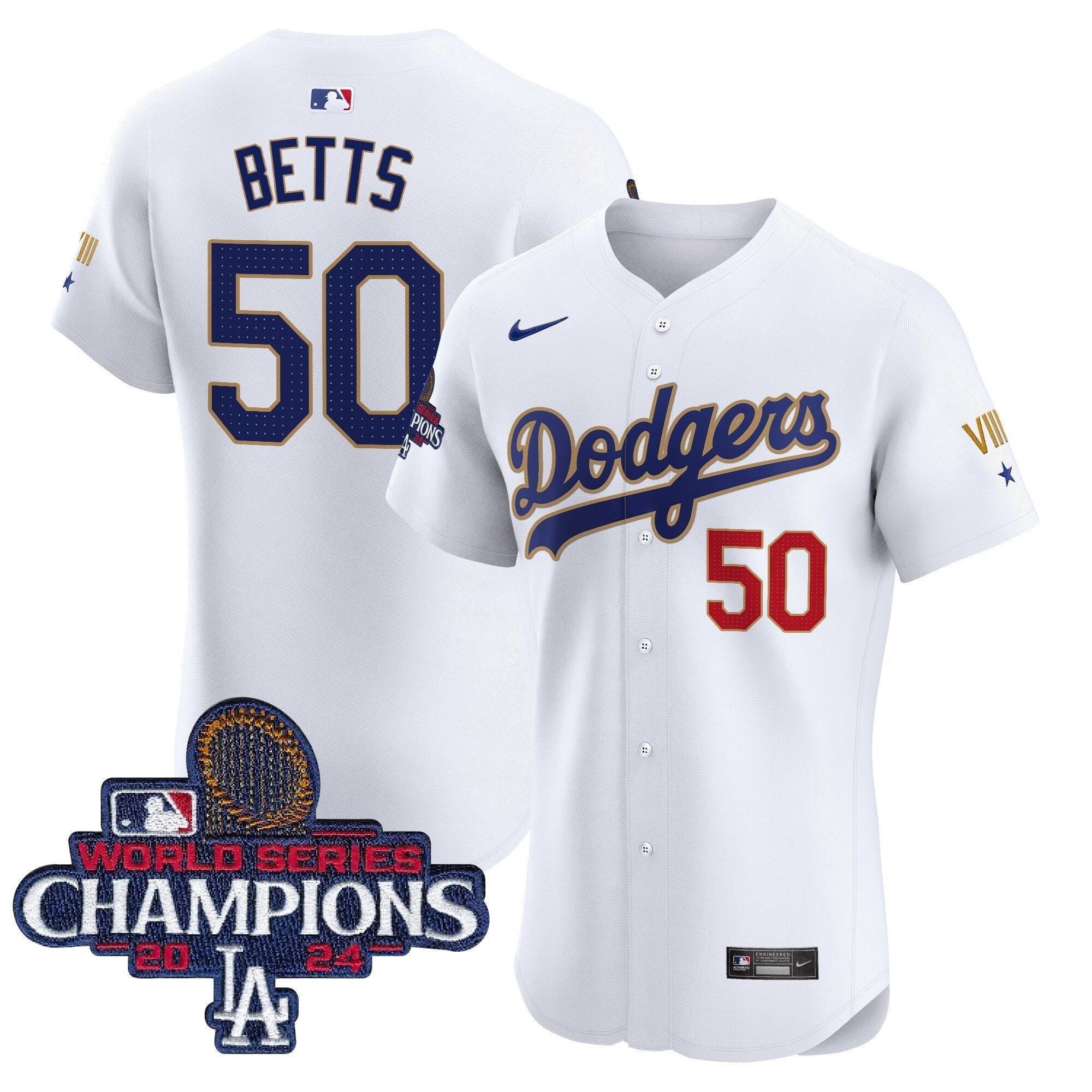 Dodgers 2024 World Series Champions Gold Trim Vapor Premier Elite Jersey V3 - Stitched