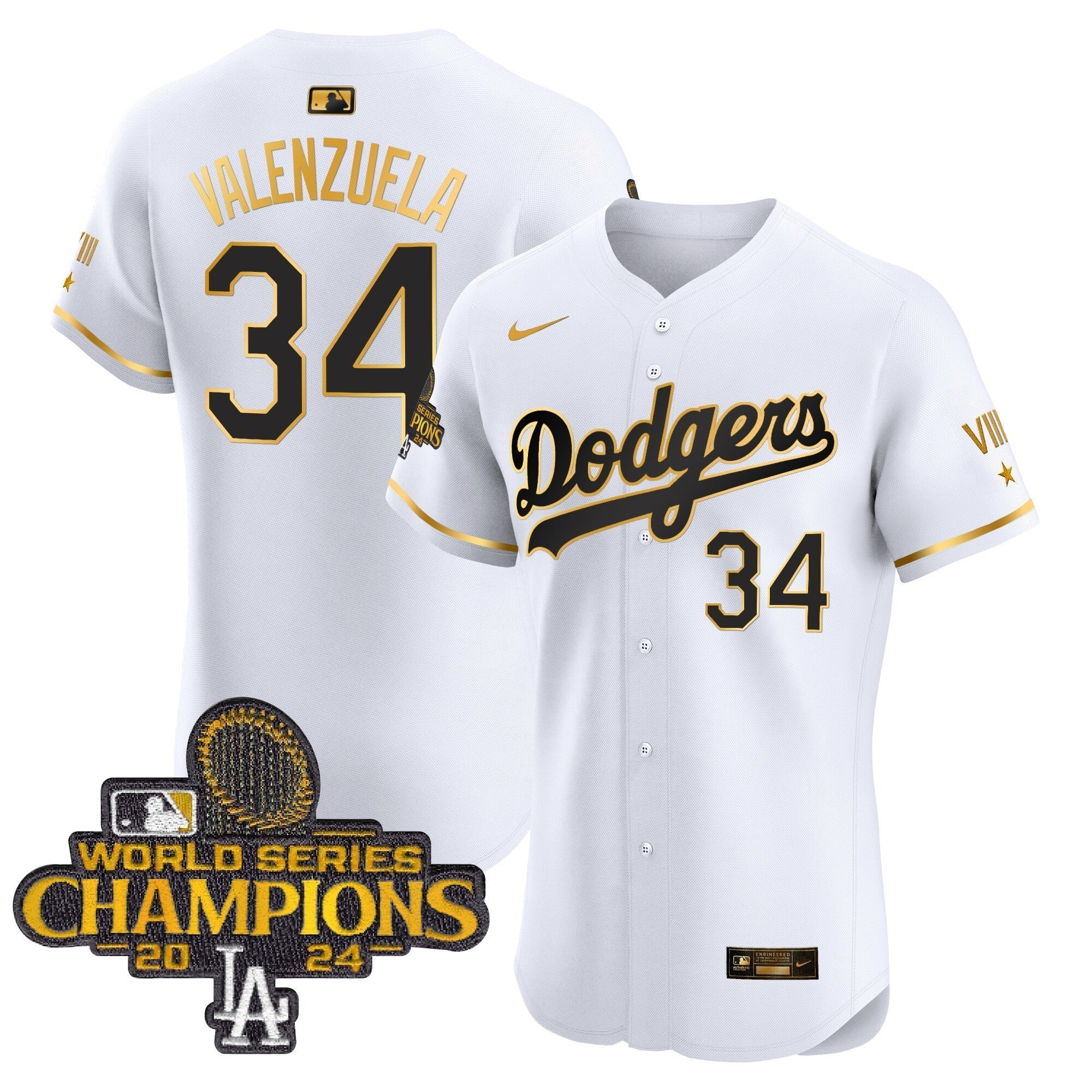 Dodgers 2024 World Series Champions Gold Trim Vapor Premier Elite Jersey V3 - Stitched