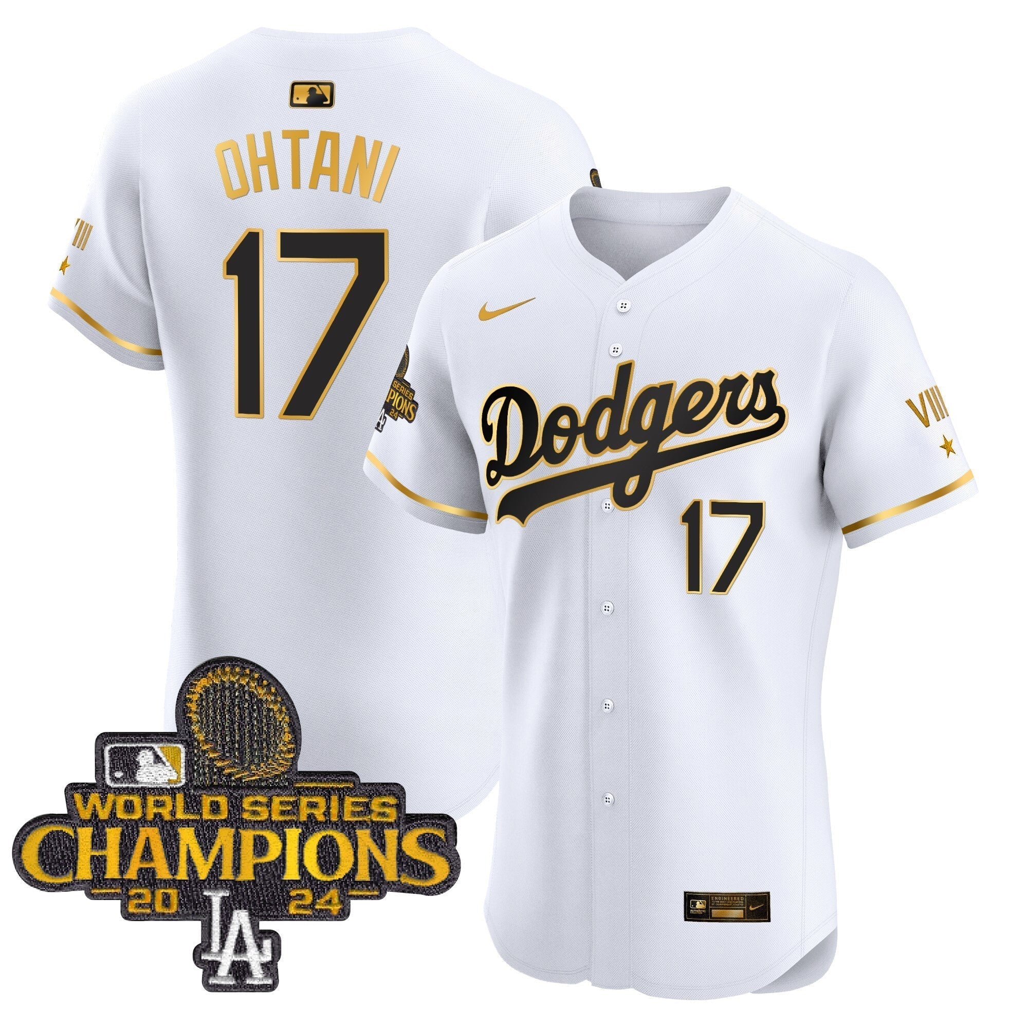 Dodgers 2024 World Series Champions Gold Trim Vapor Premier Elite Jersey V3 - Stitched