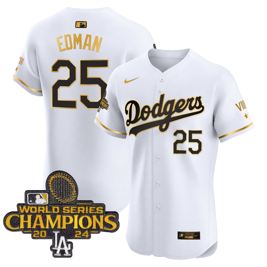 Dodgers 2024 World Series Champions Gold Trim Vapor Premier Elite Jersey V3 - Stitched