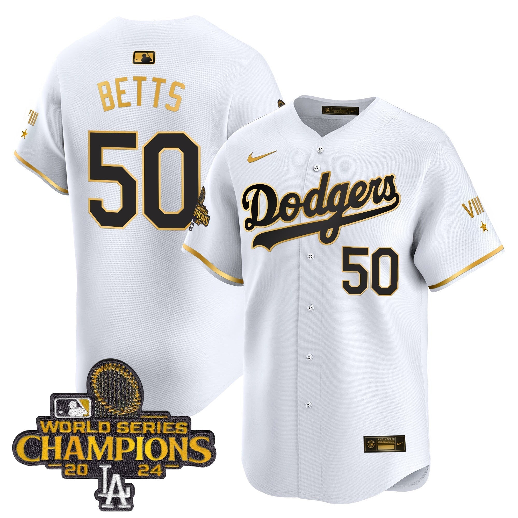 Dodgers 2024 World Series Champions Gold Trim Vapor Premier Limited Jersey - Stitched