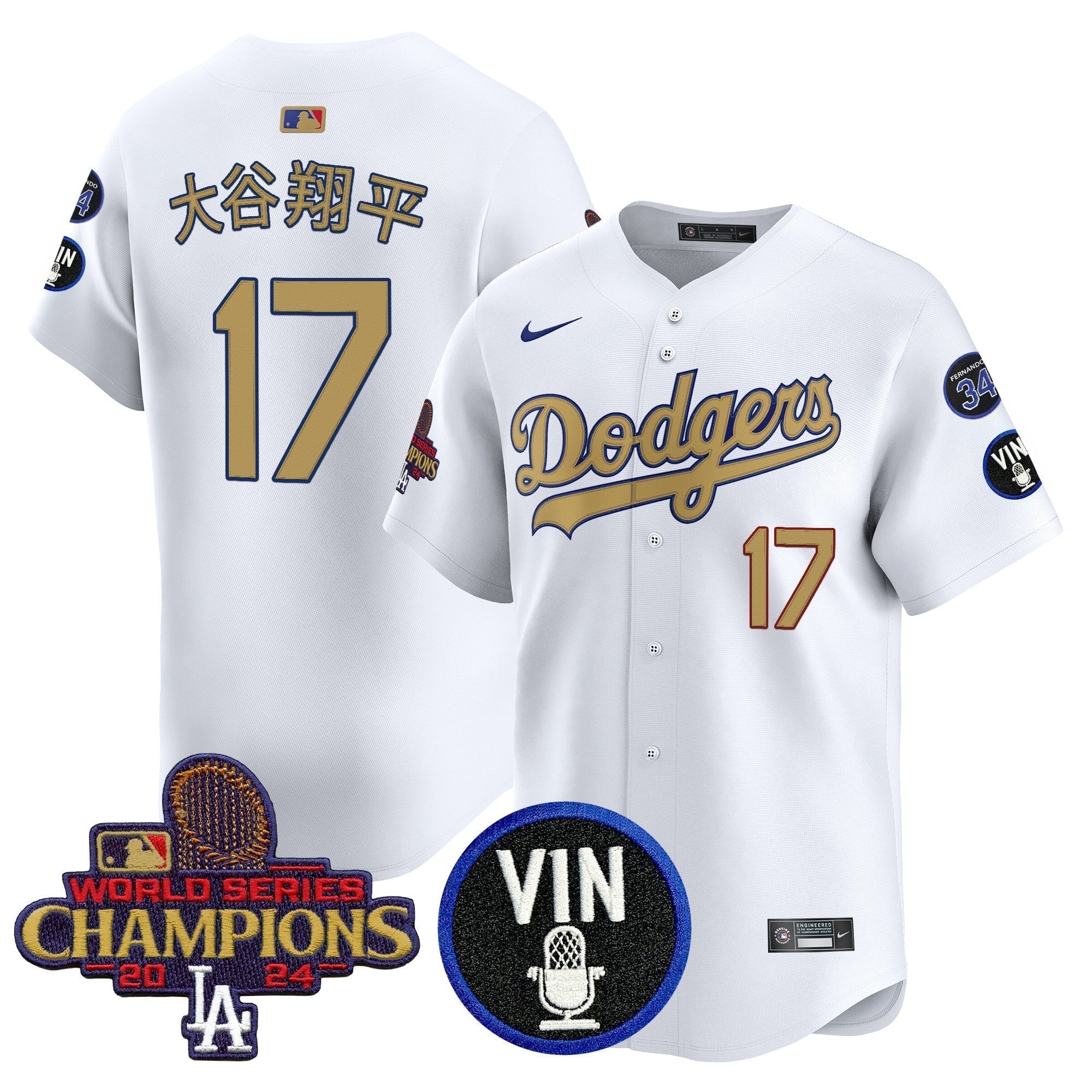 Dodgers 2025 Vin Scully & #34 Fernando Patch Gold Vapor Premier Limited Jersey - Stitched