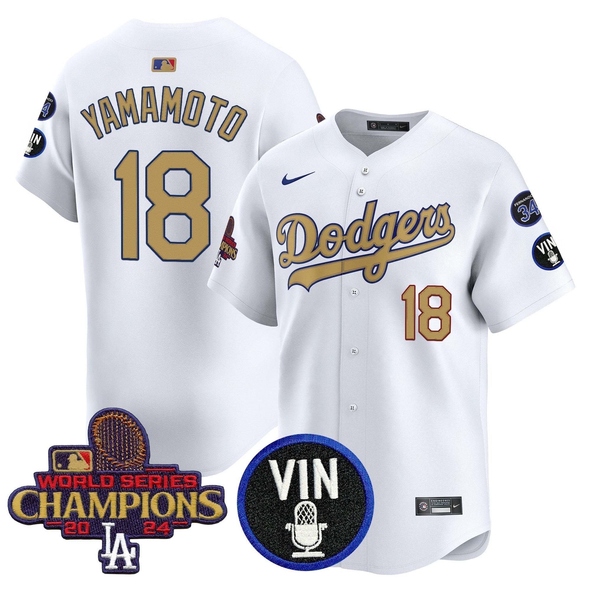 Dodgers 2025 Vin Scully & #34 Fernando Patch Gold Vapor Premier Limited Jersey - Stitched