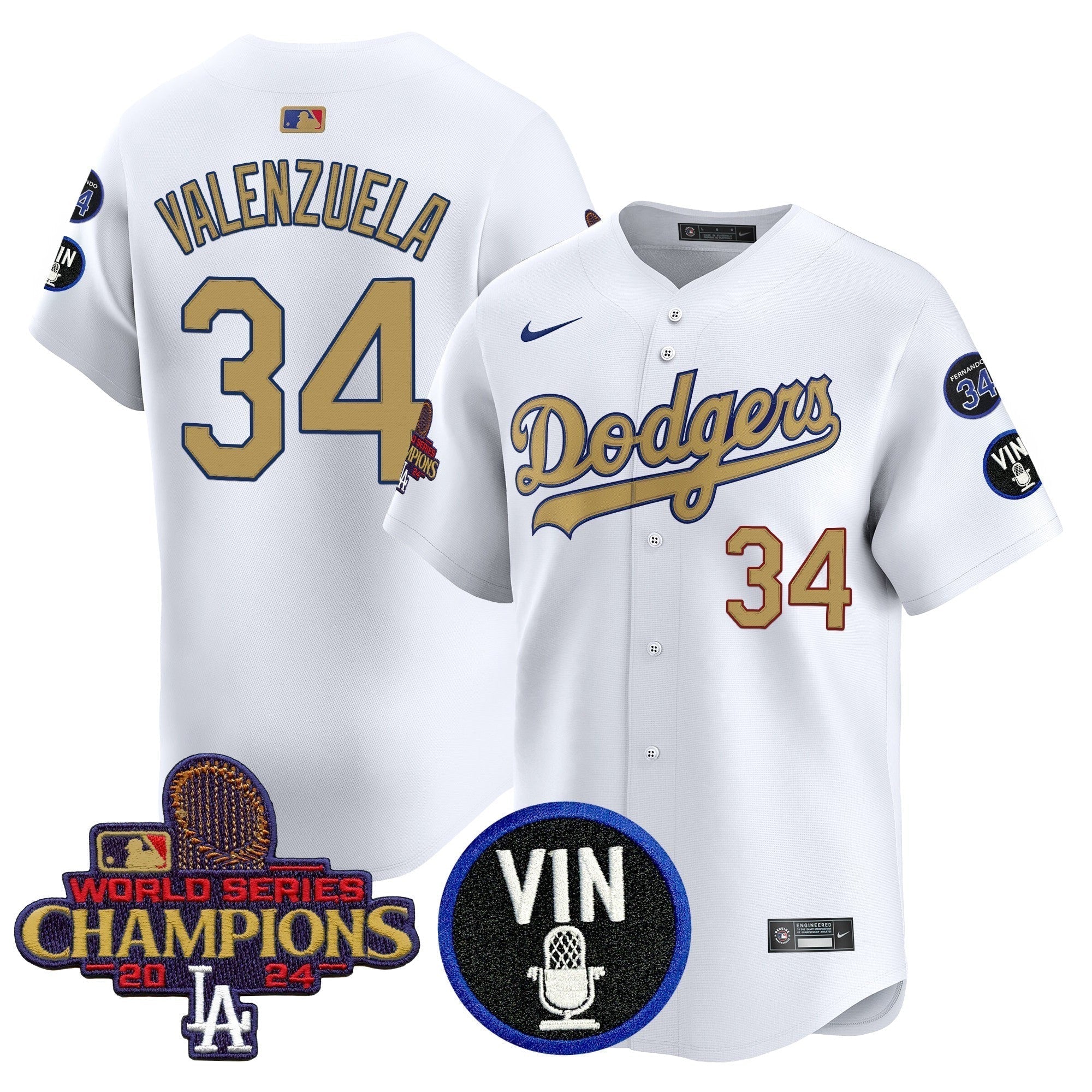 Dodgers 2025 Vin Scully & #34 Fernando Patch Gold Vapor Premier Limited Jersey - Stitched