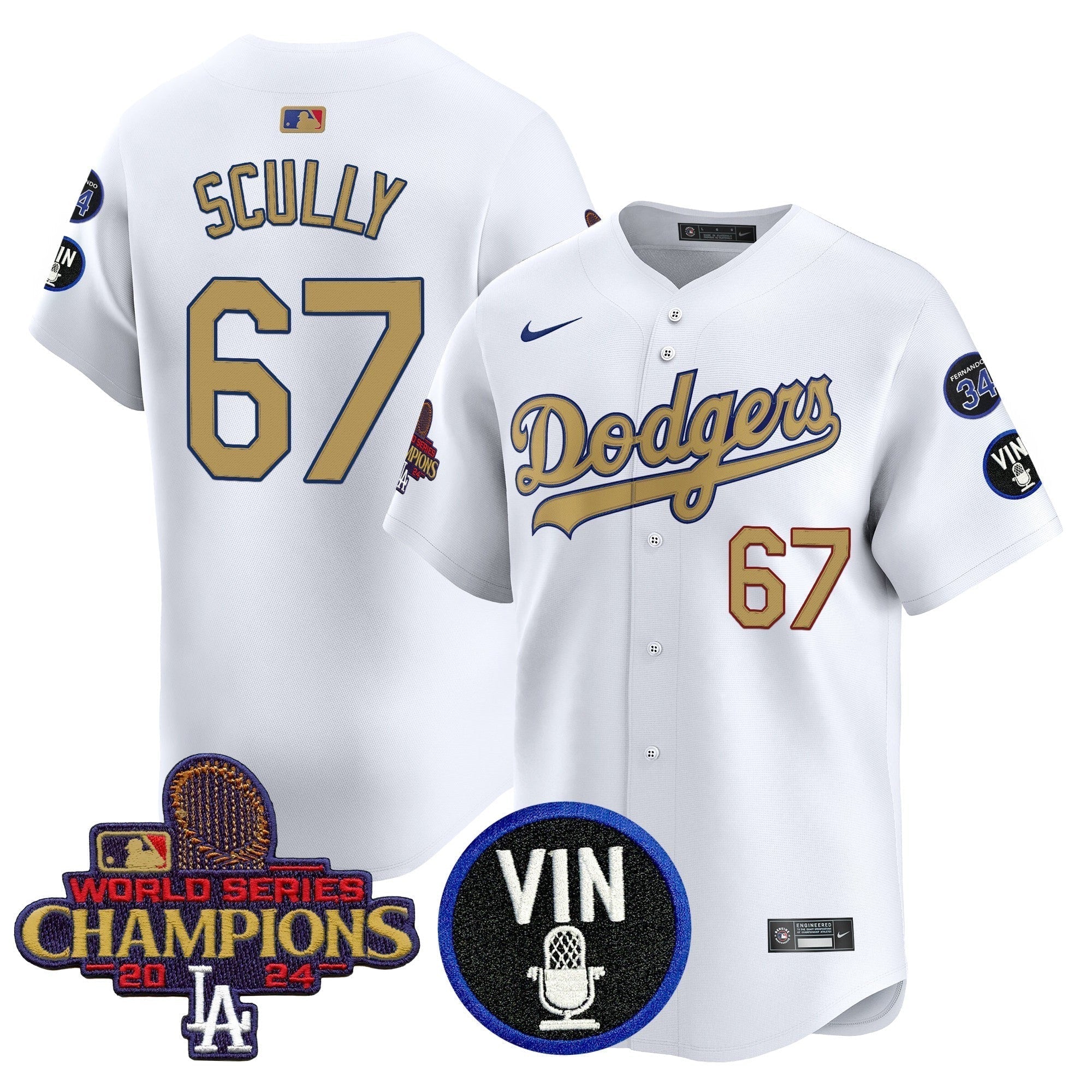 Dodgers 2025 Vin Scully & #34 Fernando Patch Gold Vapor Premier Limited Jersey - Stitched