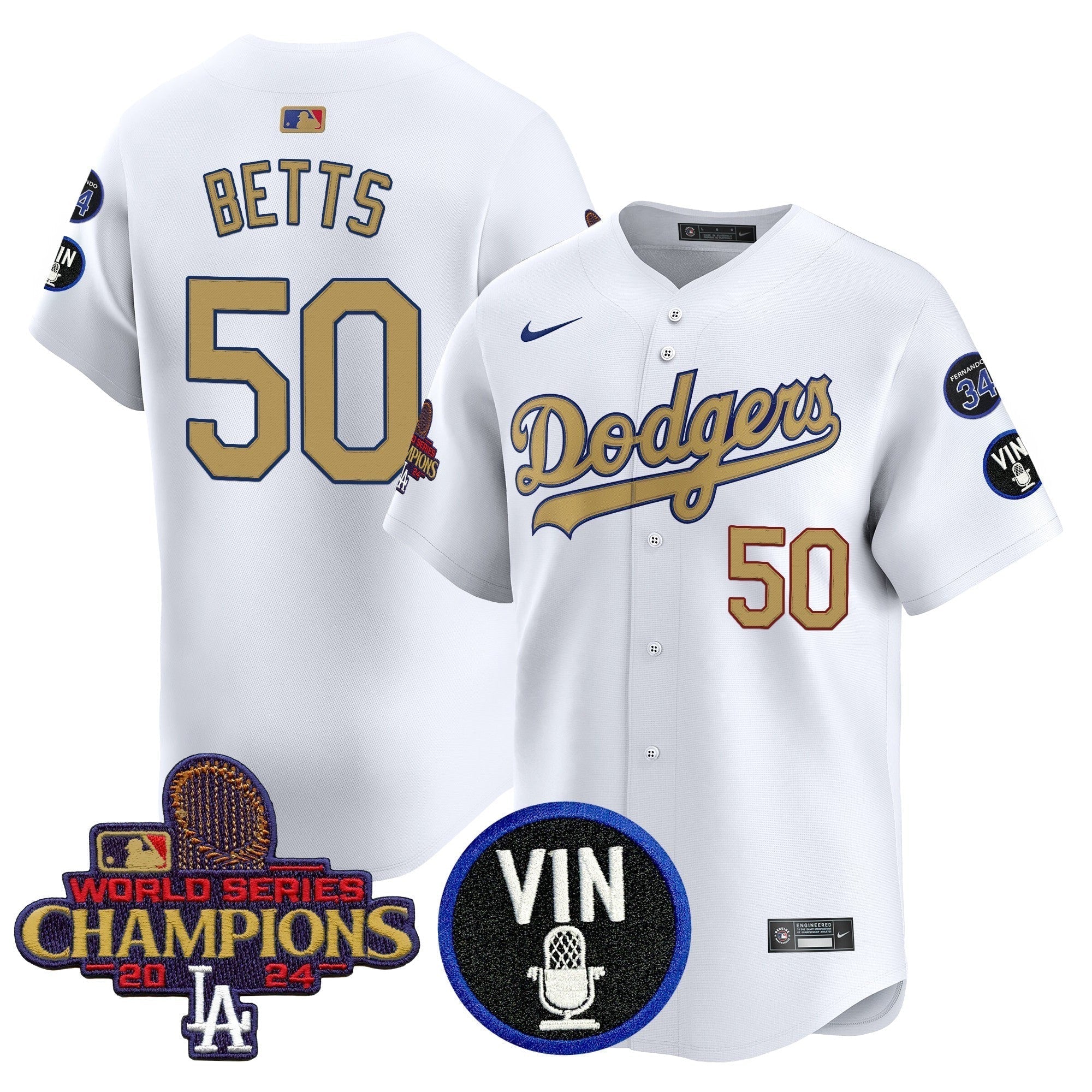 Dodgers 2025 Vin Scully & #34 Fernando Patch Gold Vapor Premier Limited Jersey - Stitched