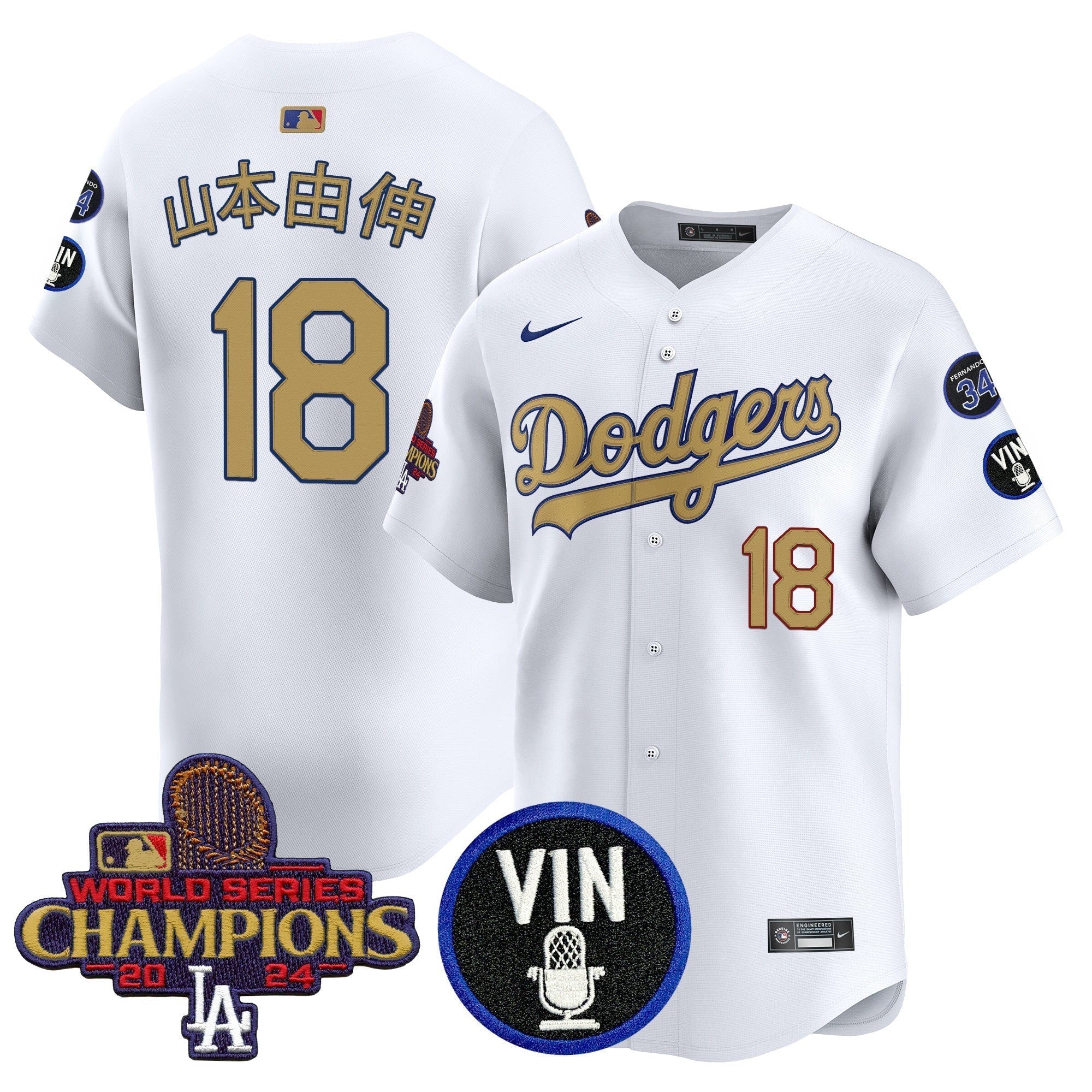 Dodgers 2025 Vin Scully & #34 Fernando Patch Gold Vapor Premier Limited Jersey - Stitched