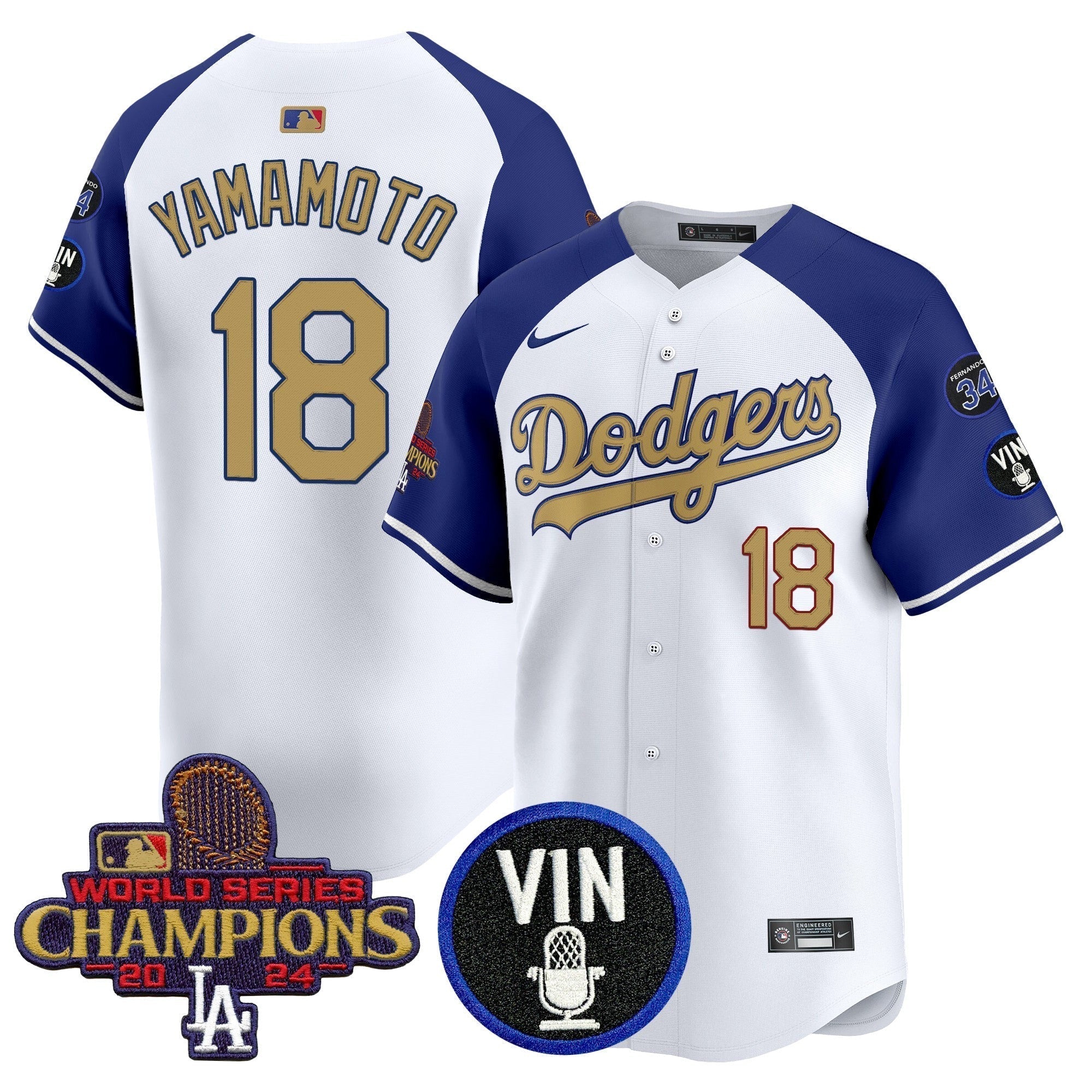 Dodgers 2025 Vin Scully & #34 Fernando Patch Gold Vapor Premier Limited Jersey - Stitched