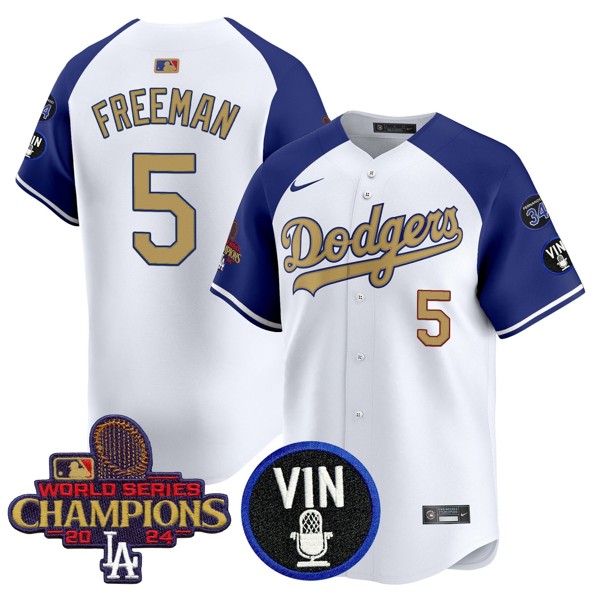 Dodgers 2025 Vin Scully & #34 Fernando Patch Gold Vapor Premier Limited Jersey - Stitched