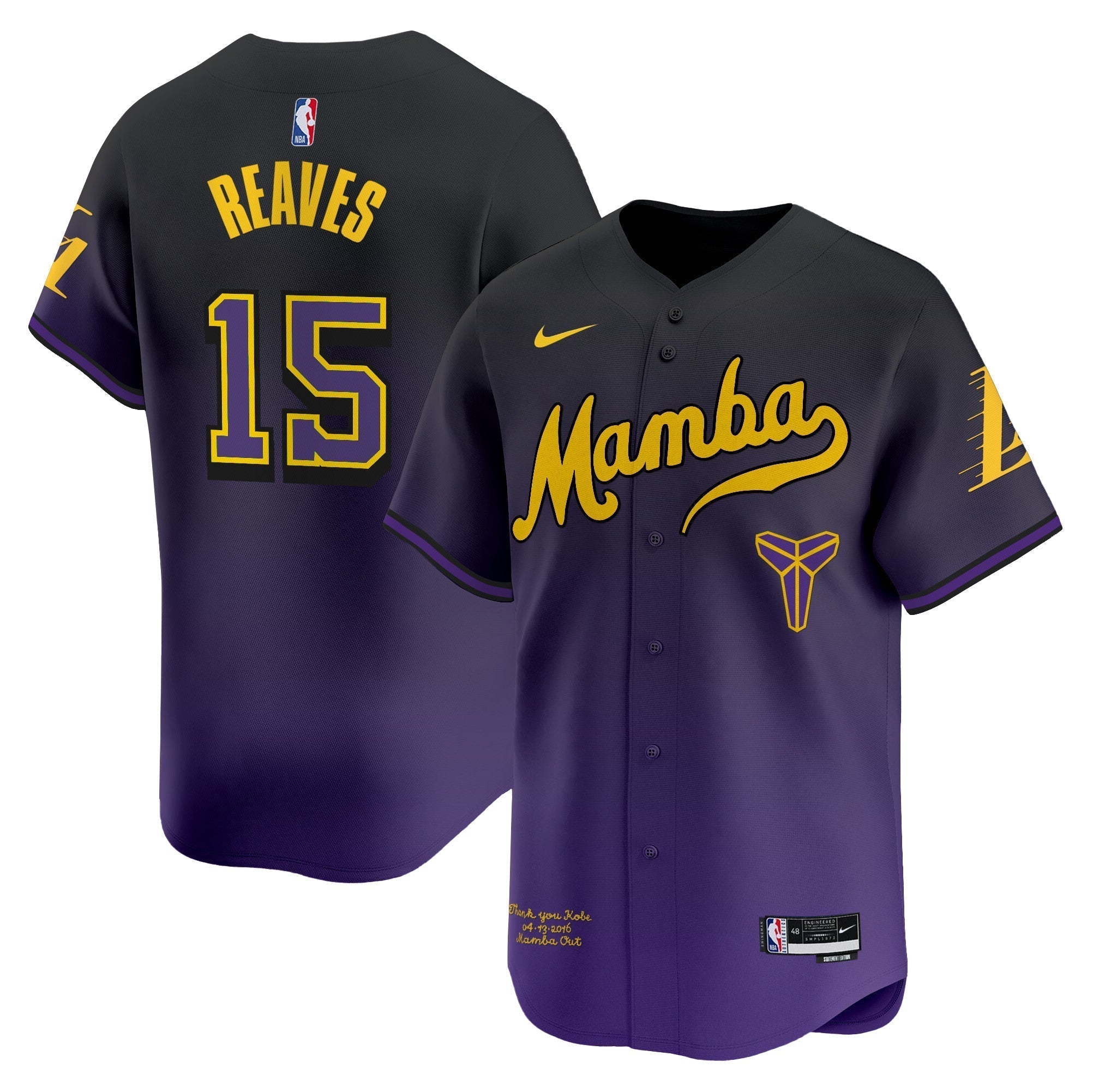 LAL Kobe Bryant Mamba Vapor Baseball Jersey - Stitched