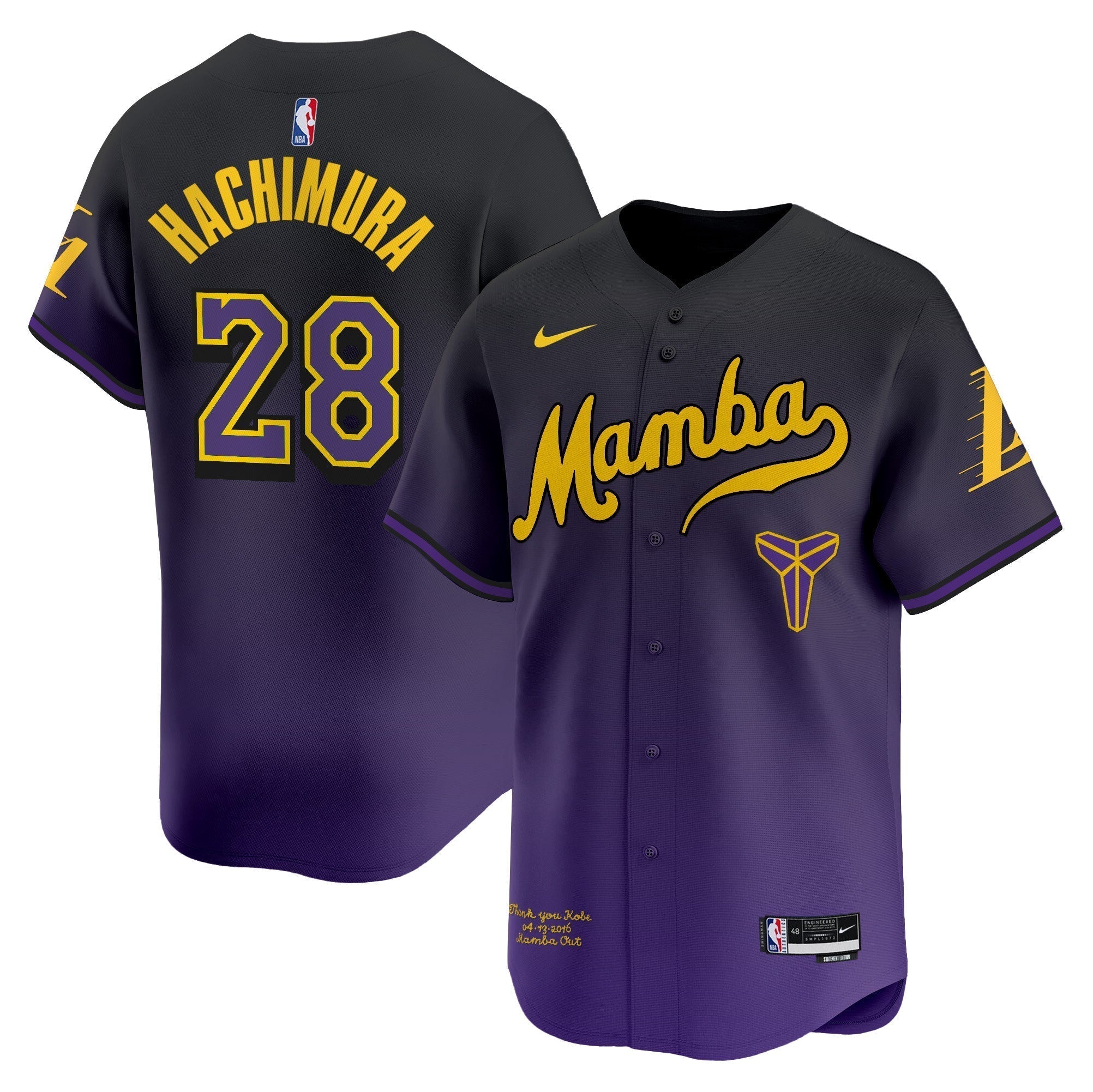 LAL Kobe Bryant Mamba Vapor Baseball Jersey - Stitched