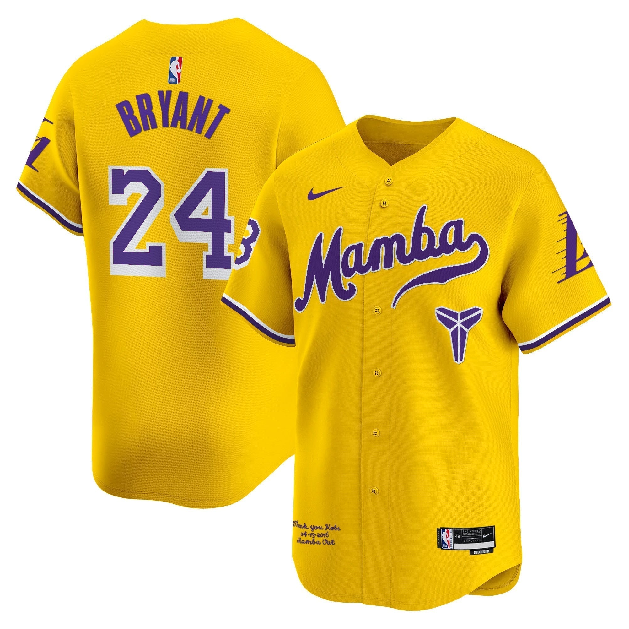 LAL Kobe Bryant Mamba Vapor Baseball Jersey - Stitched
